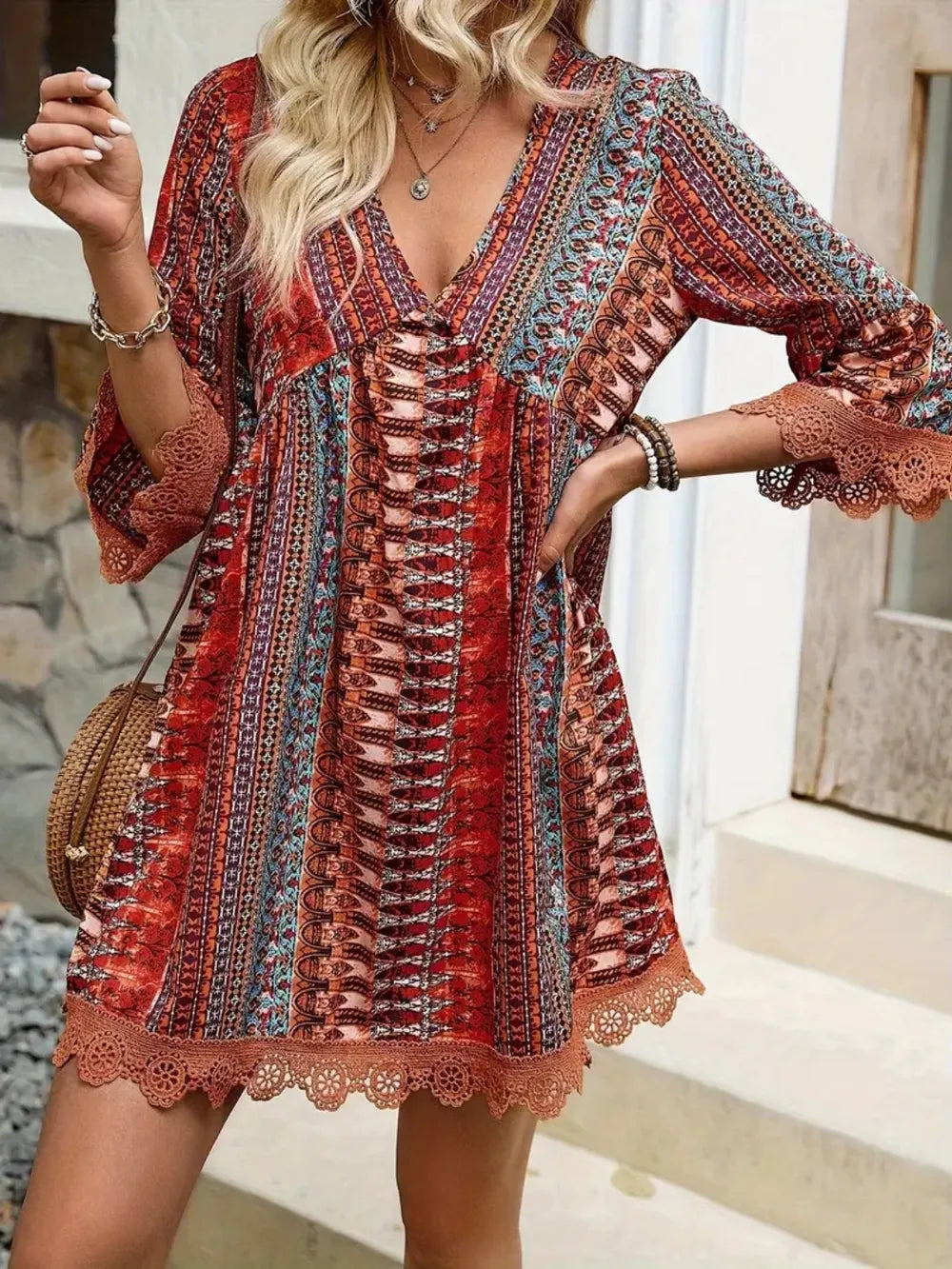 lace trim printed v-neck 3/4 sleeve dress - front view