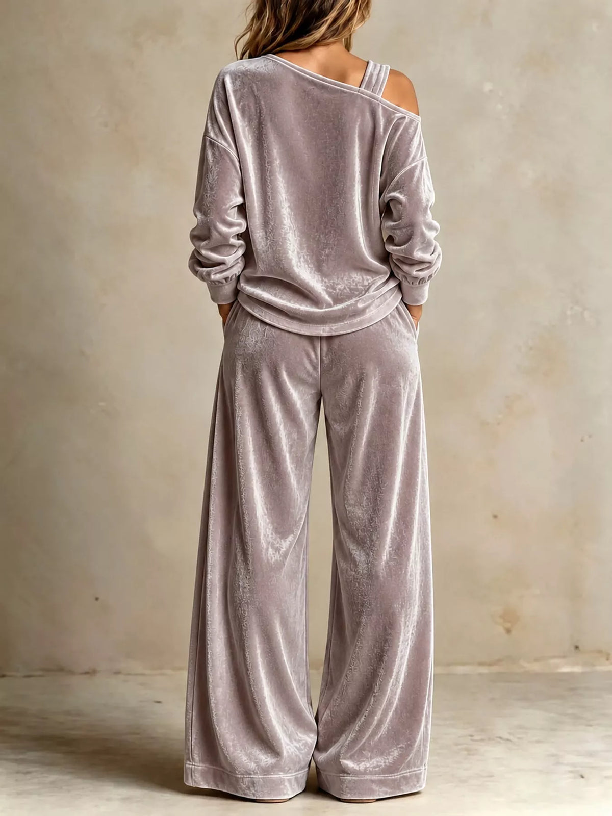 asymmetrical neck top and pants set | dropsona - neutral - front view