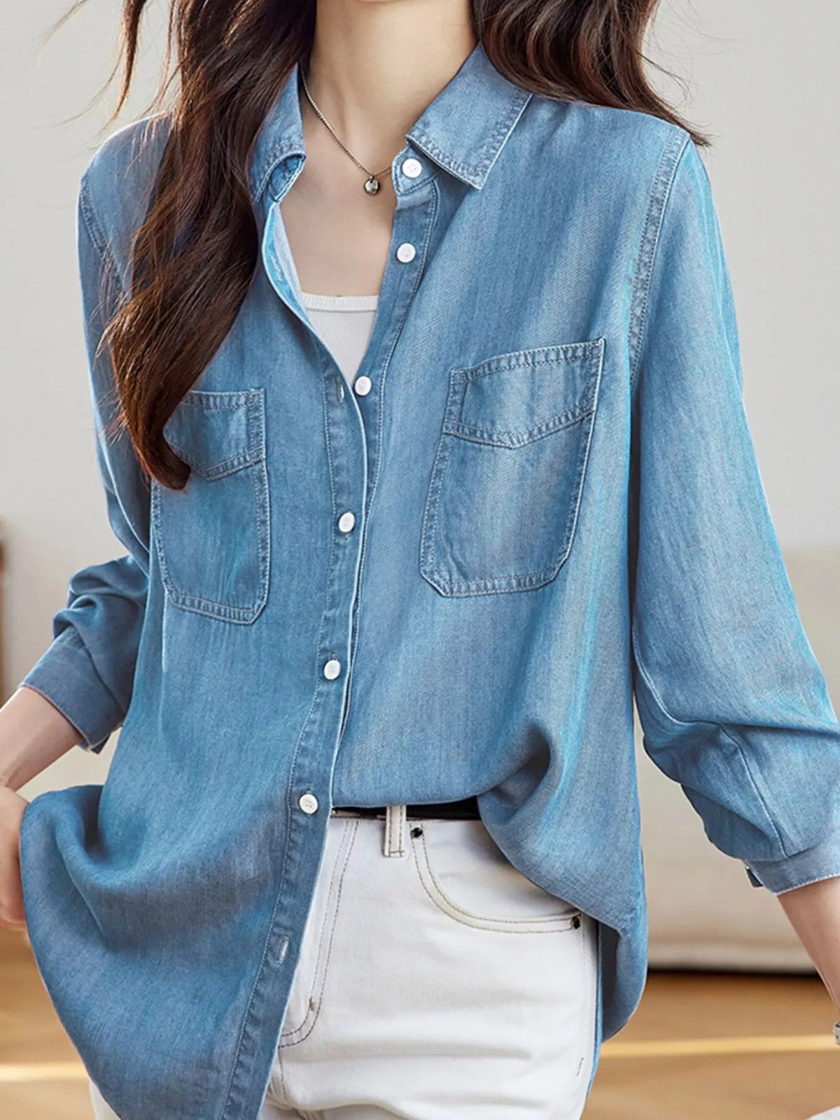 button-down denim shirt with dual chest pockets | dropsona - neutral - packaging