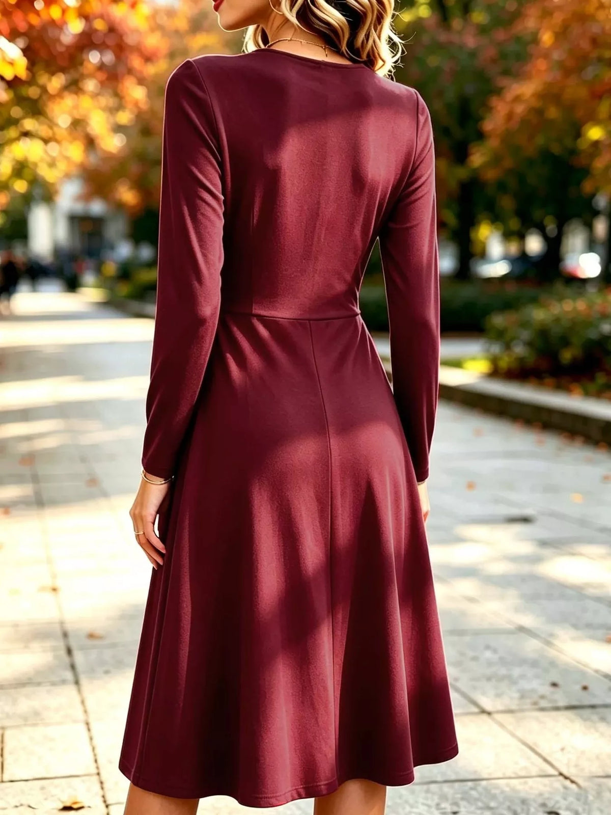 full size ruched long sleeve midi dress plus | dropsona - neutral - close-up detail