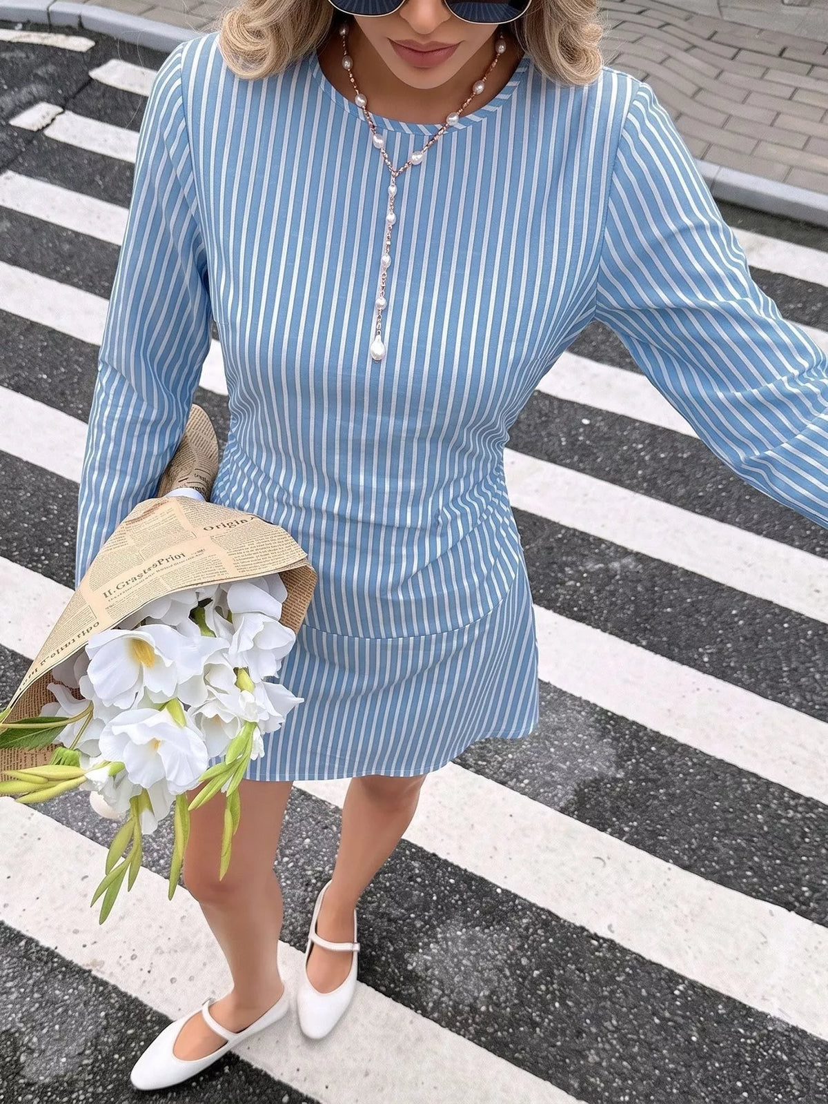 striped long-sleeve ruched mini dress – zipper,tied | dropsona - neutral - close-up detail