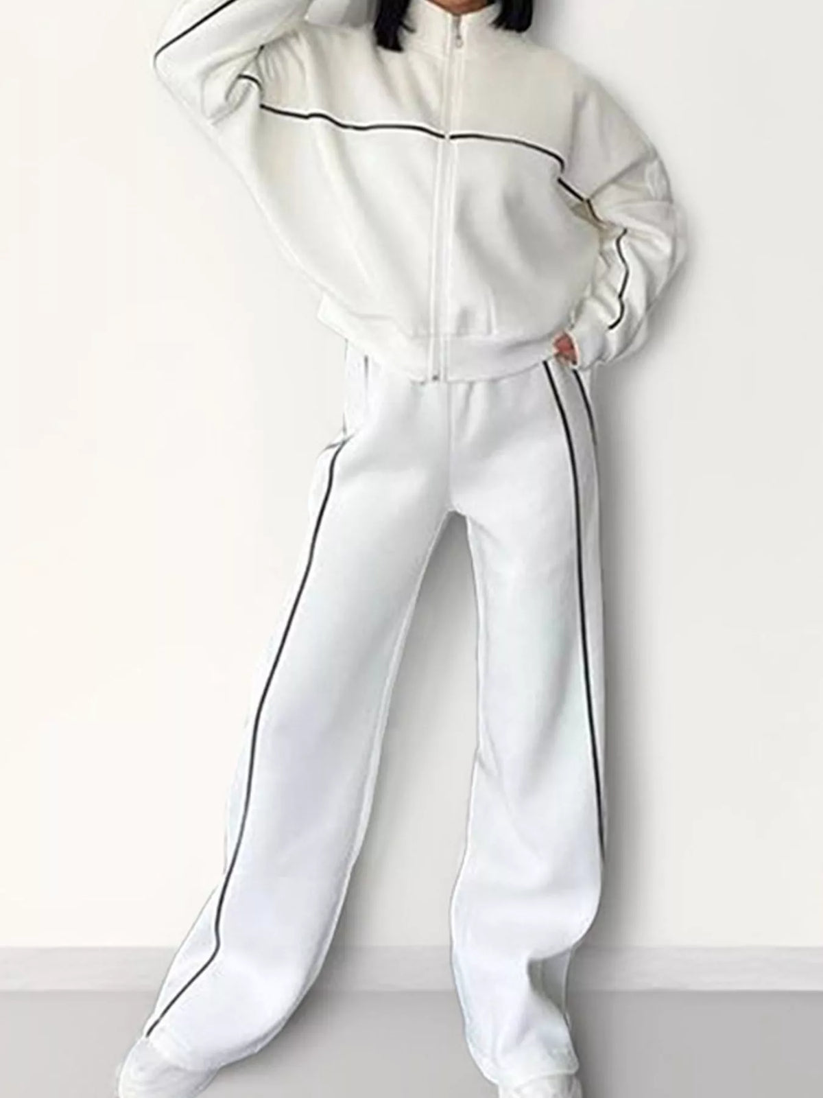 full size zip-up jacket and wide-leg pants set plus | dropsona - neutral - size reference