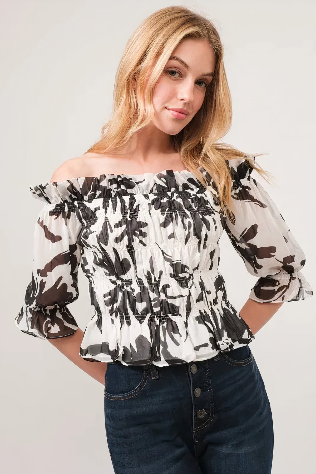 and the why smocked off-shoulder floral printed top - everyday wear