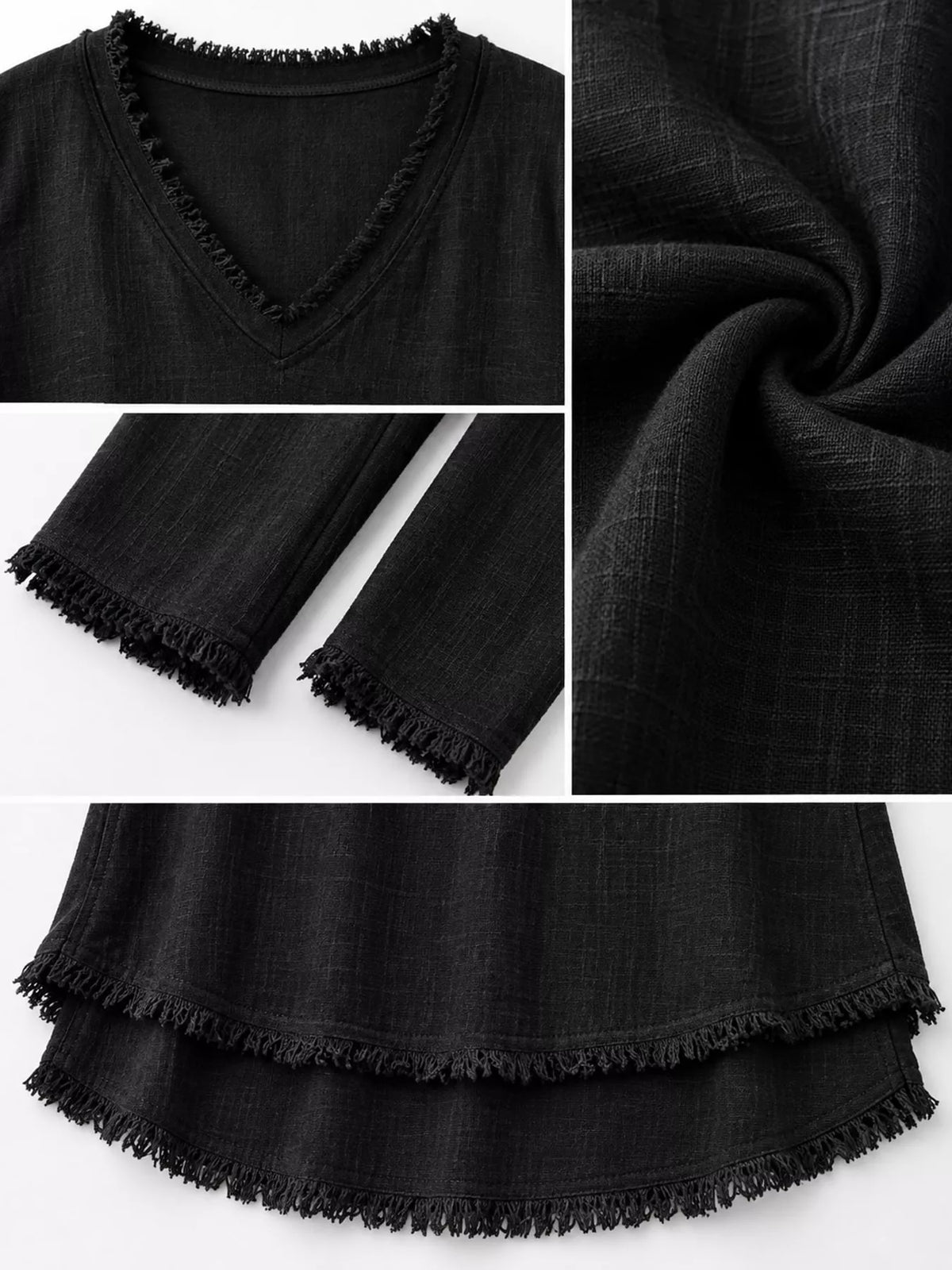 full size frayed hem v-neck blouse plus | dropsona - neutral - close-up detail