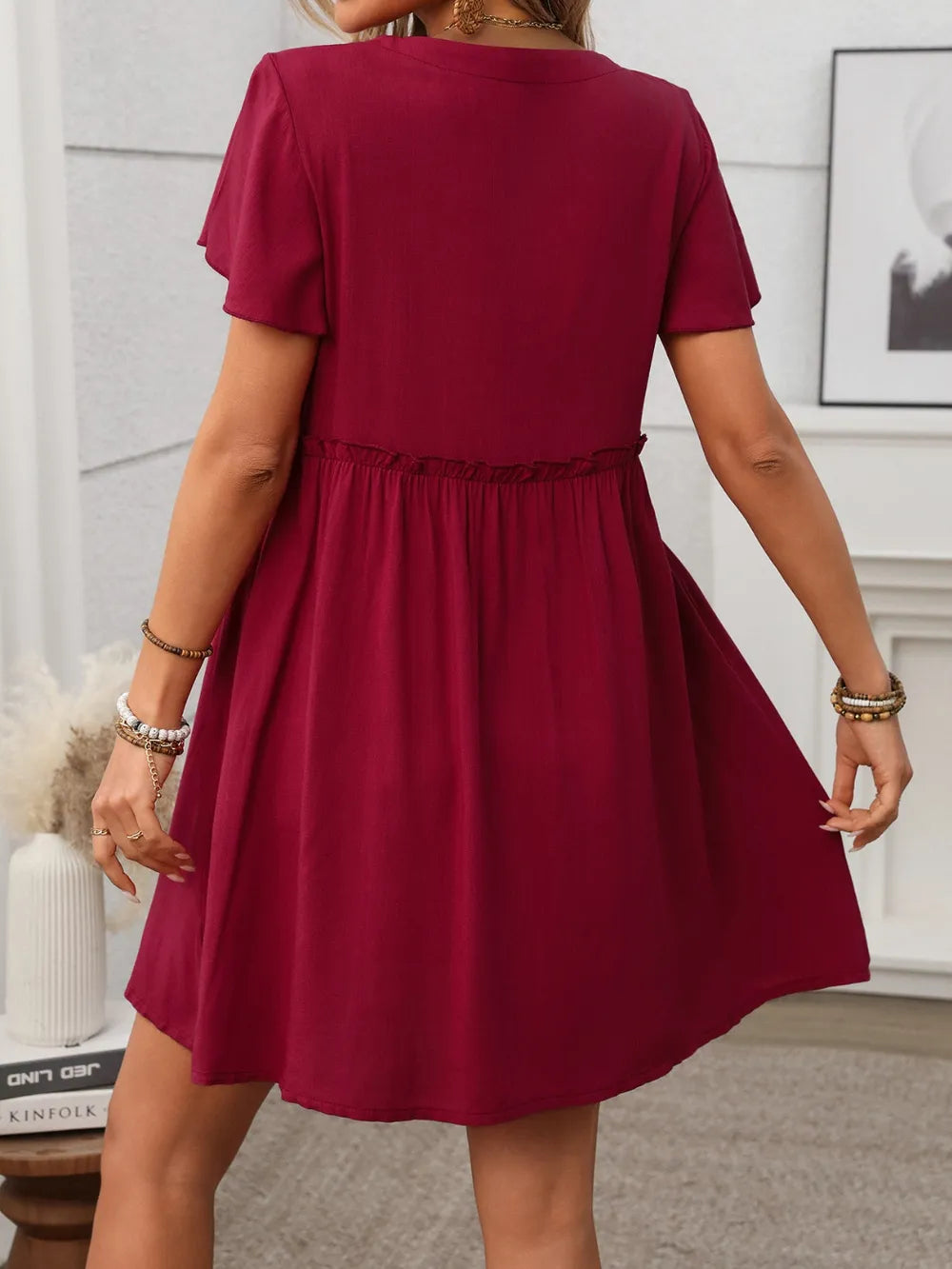 button front flutter sleeve dress - front view