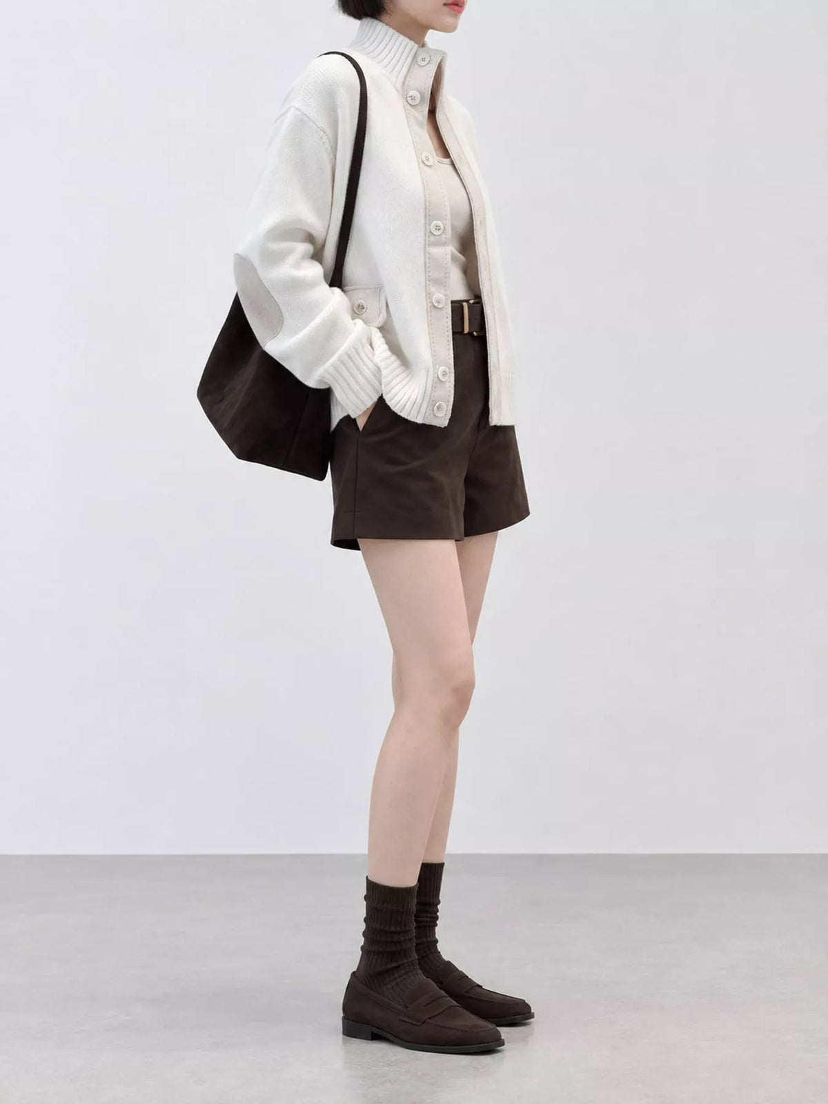 ribbed-knit mock neck cardigan – buttoned,pocketed fit | dropsona - neutral - front view
