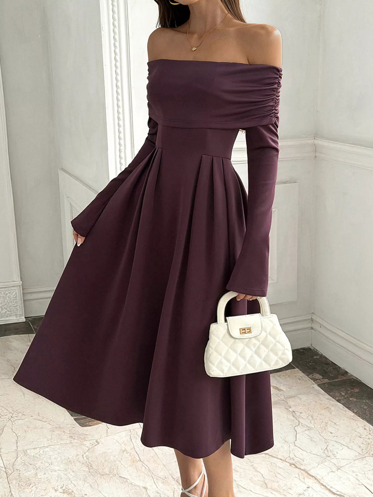 off-shoulder long sleeve midi dress – ruched, zipper | dropsona - neutral - front view