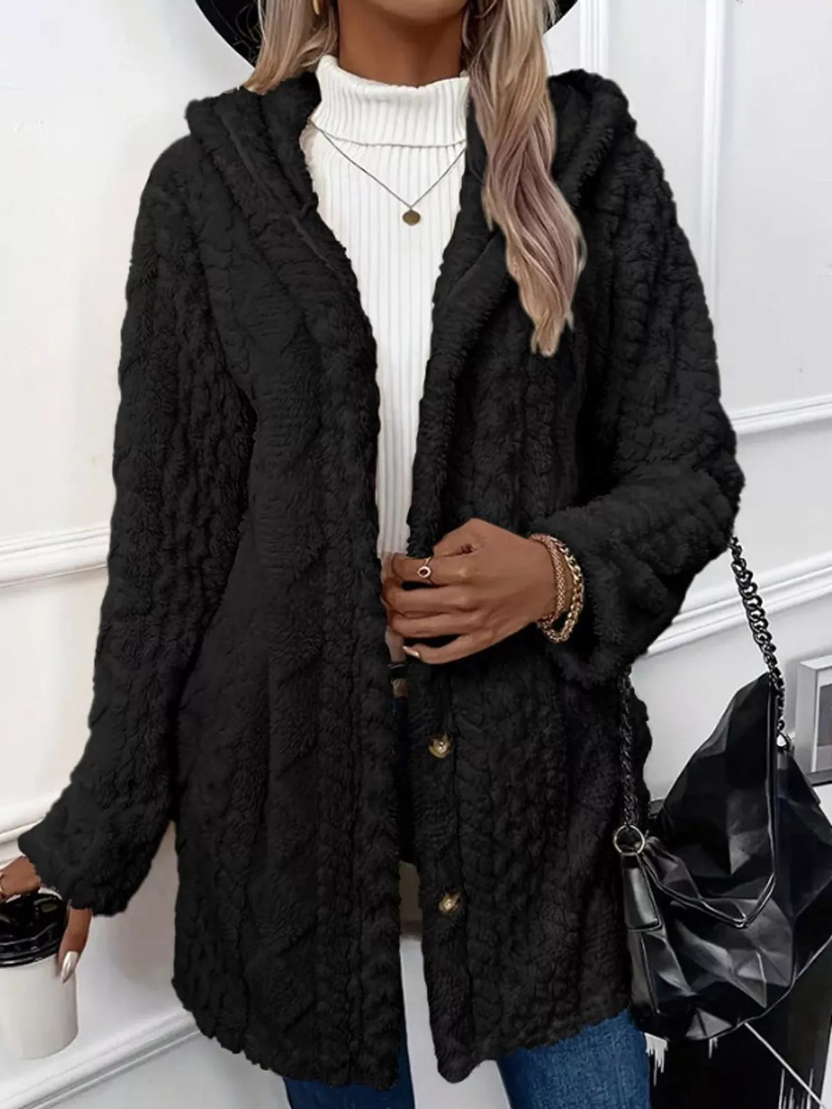 full size cozy cable-knit faux fur hooded outerwear | dropsona - neutral - packaging