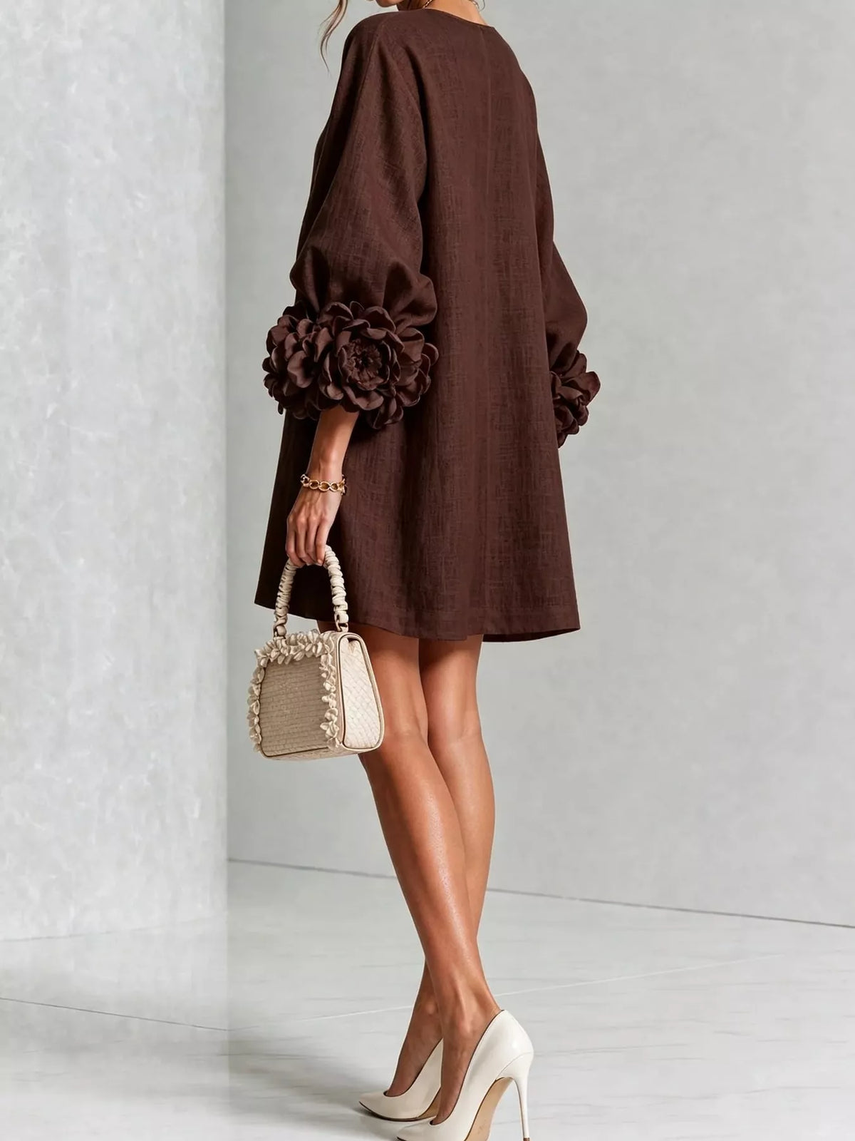 full size 3d floral sleeve accents mini dress plus | dropsona - neutral - close-up detail