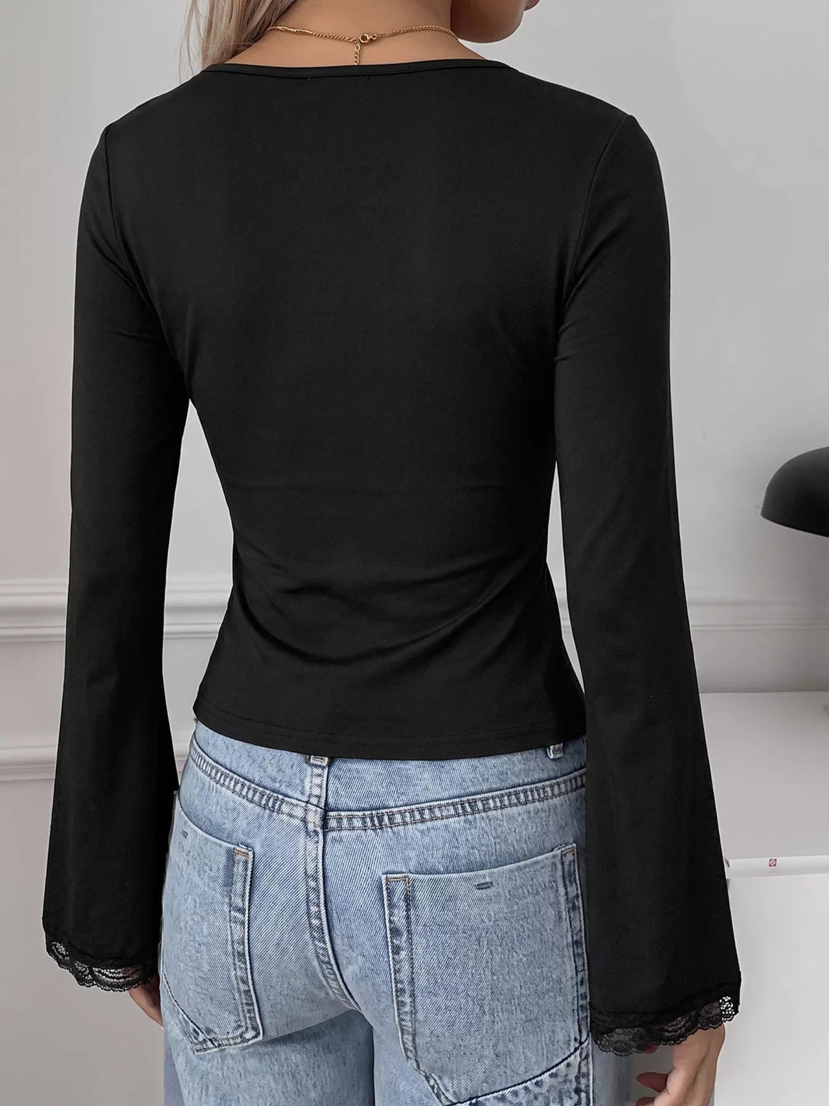 elegant lace trim v-neck long sleeve slim fit top | dropsona - neutral - size reference