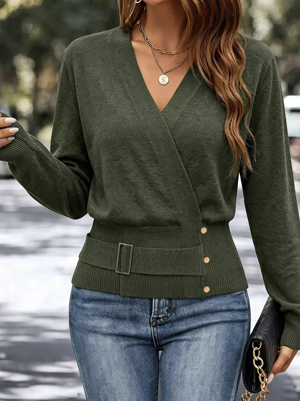 surplice elastic waist long sleeve knit top | dropsona - neutral - size reference