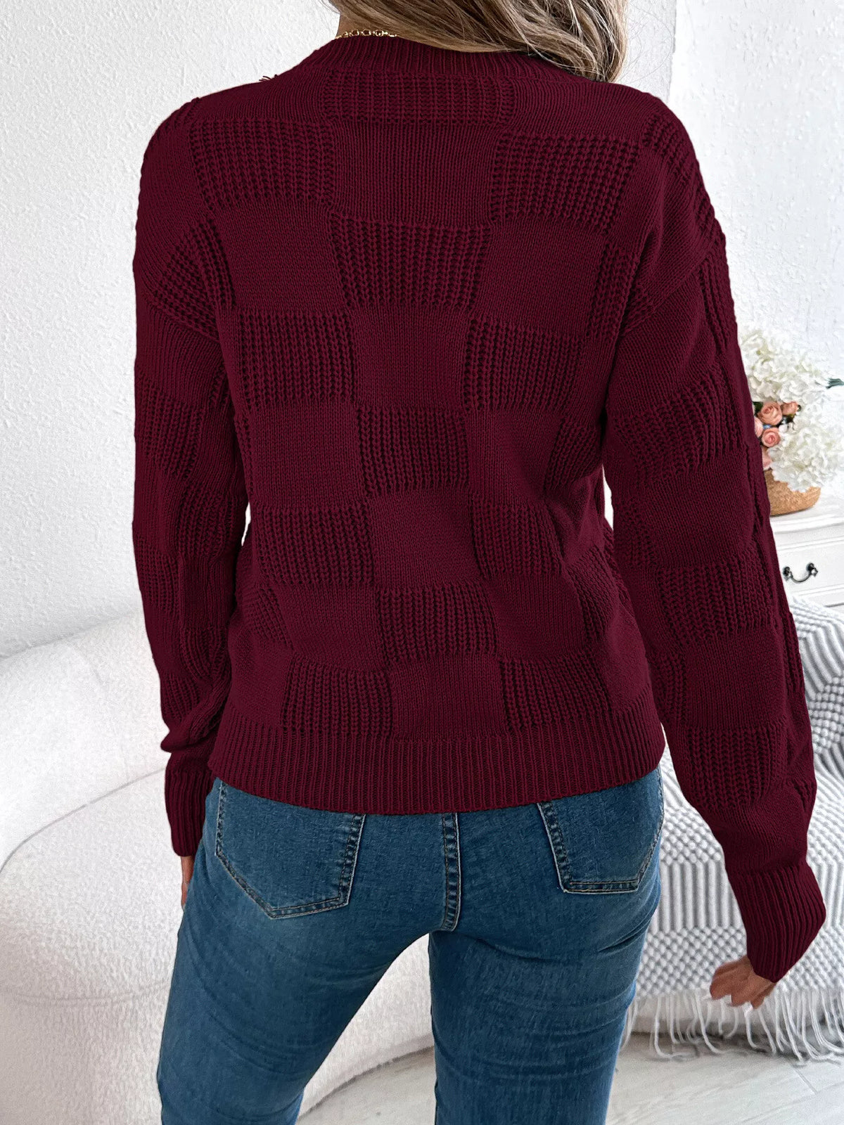 checkerboard textured knit sweater | dropsona - neutral - usage example
