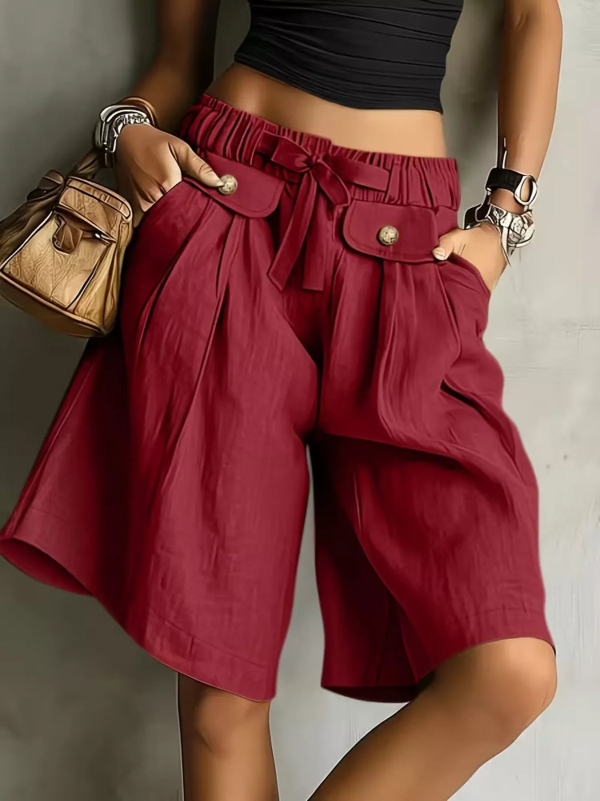 high-waisted drawstring shorts – tied,pocketed | dropsona - neutral - front view