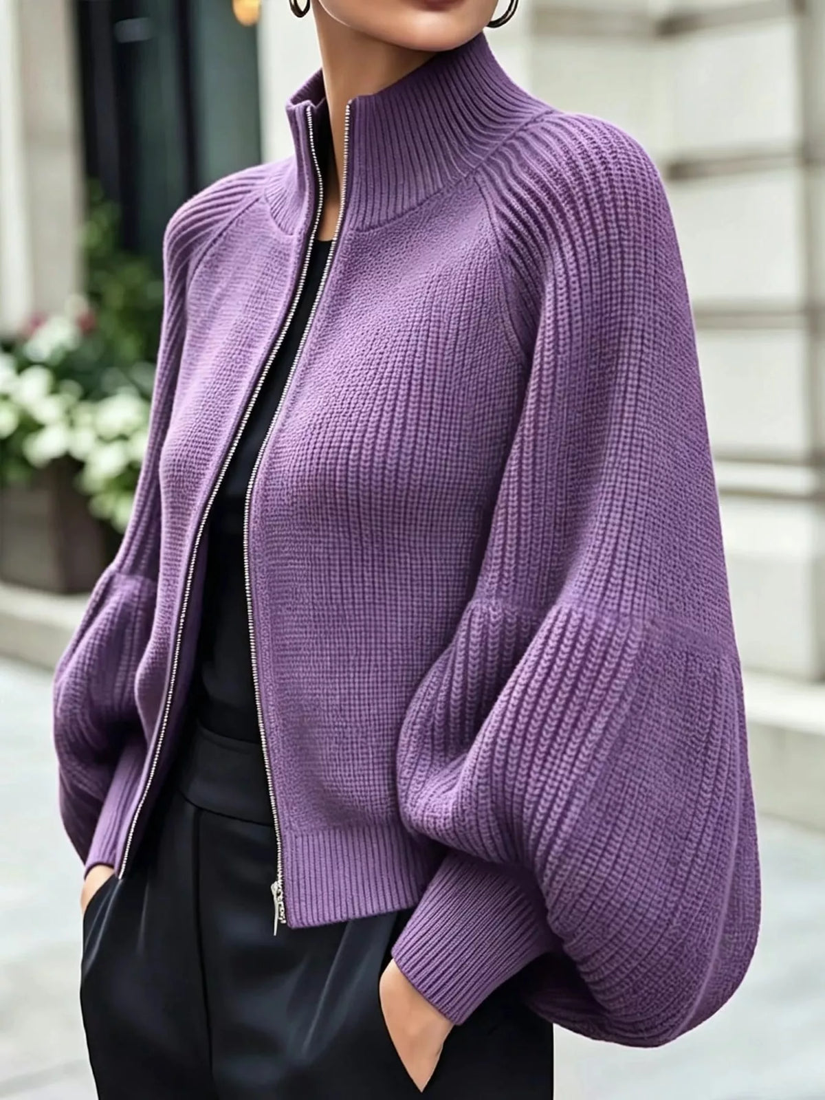 full size elegant ribbed knit zip-up cardigan with | dropsona - neutral - usage example