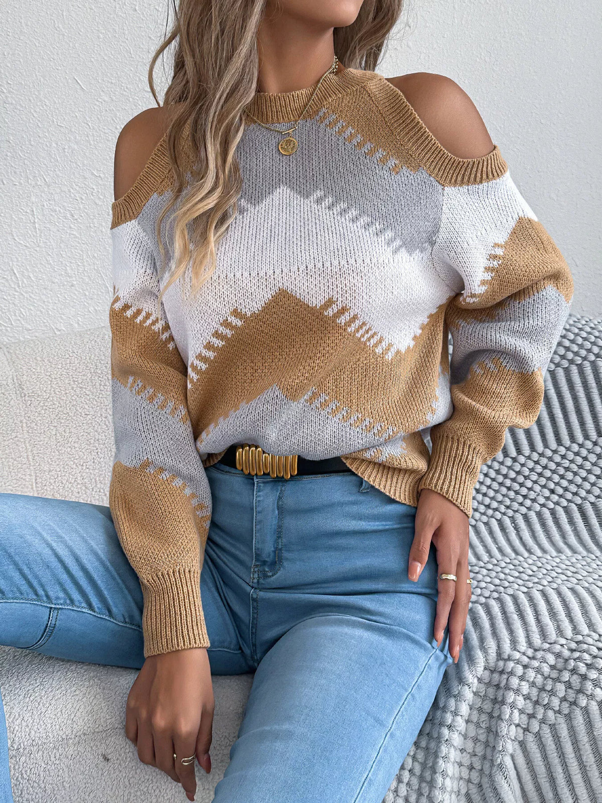 cold shoulder chevron pattern knit sweater | dropsona - neutral - close-up detail