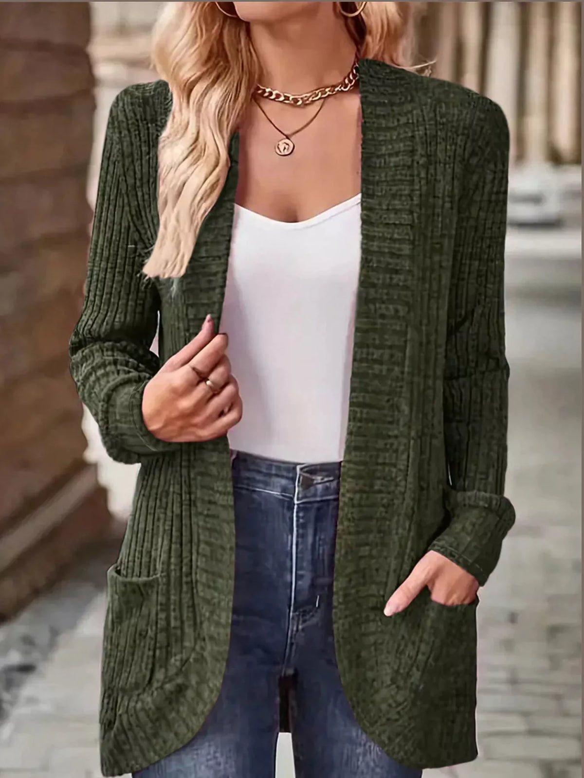ribbed knit open front cardigan with pockets | dropsona - neutral - material texture