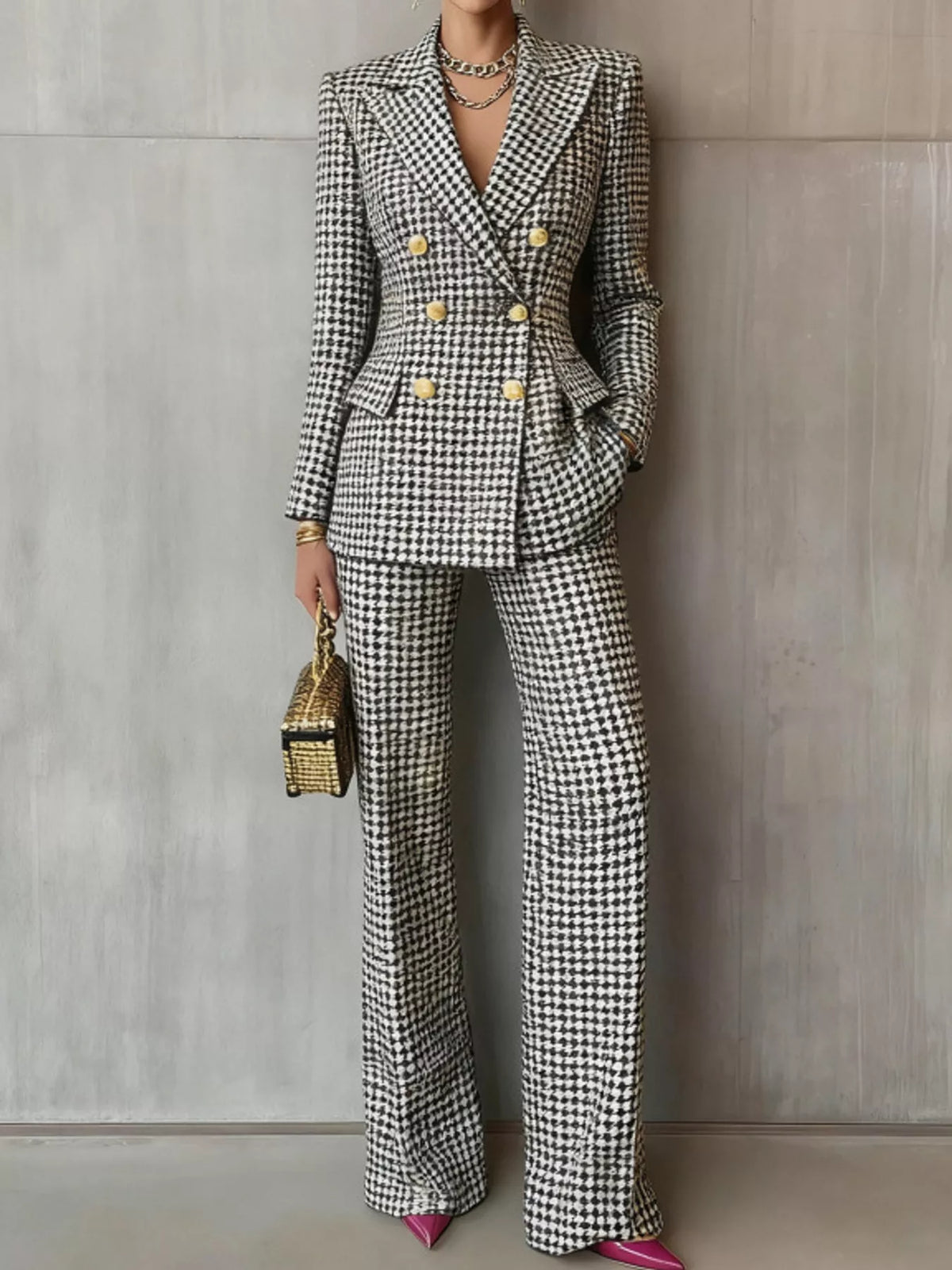 double-breasted blazer and pants set | dropsona - neutral - close-up detail