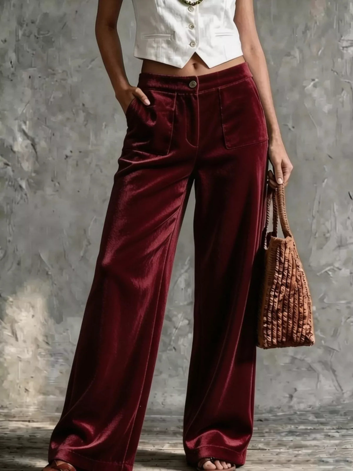 full size high-waisted wide-leg velvet pants with | dropsona - neutral - front view