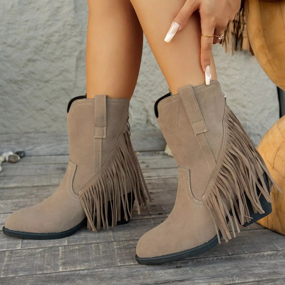 fringe block heel ankle boots – dear monkey | dropsona - neutral - everyday use