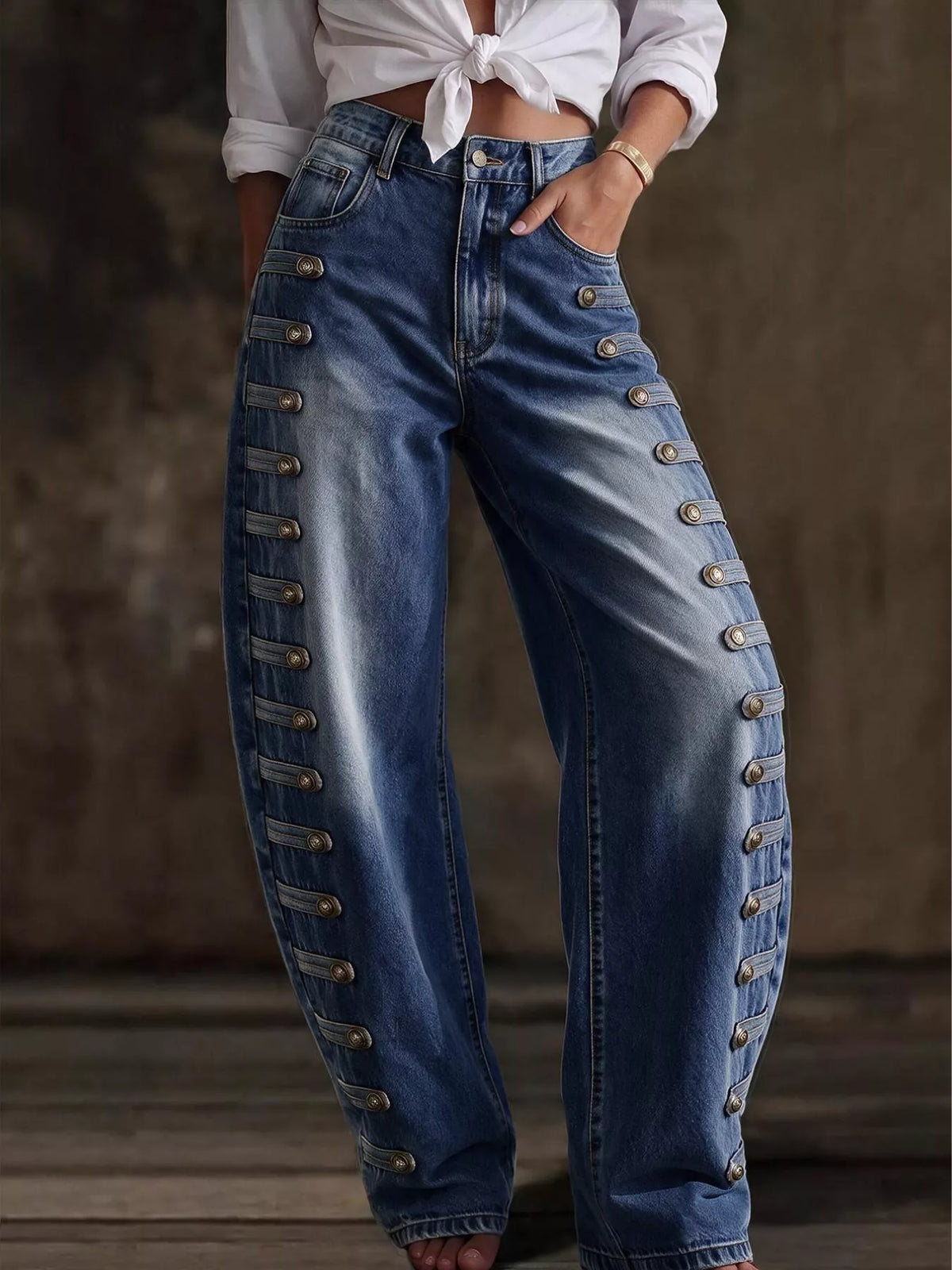 decorative button wide leg jeans – buttoned,pocketed | dropsona - neutral - close-up detail