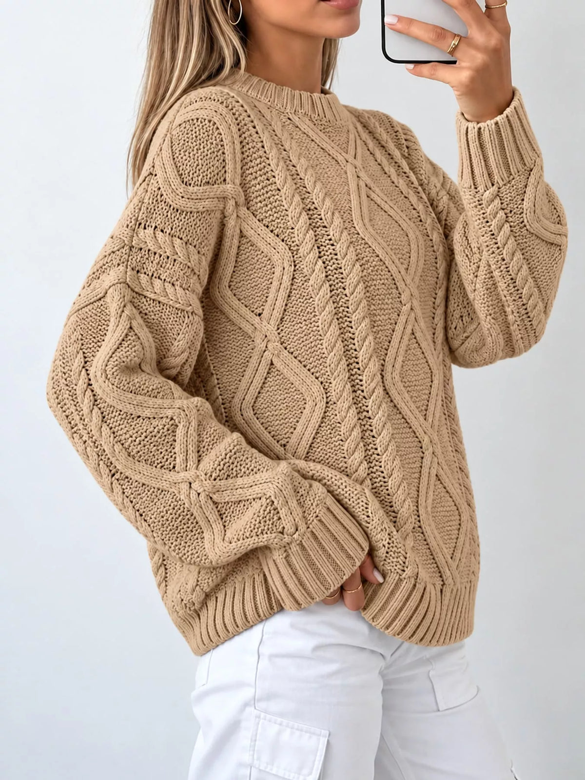 full size cable-knit round neck sweater plus | dropsona - neutral - packaging