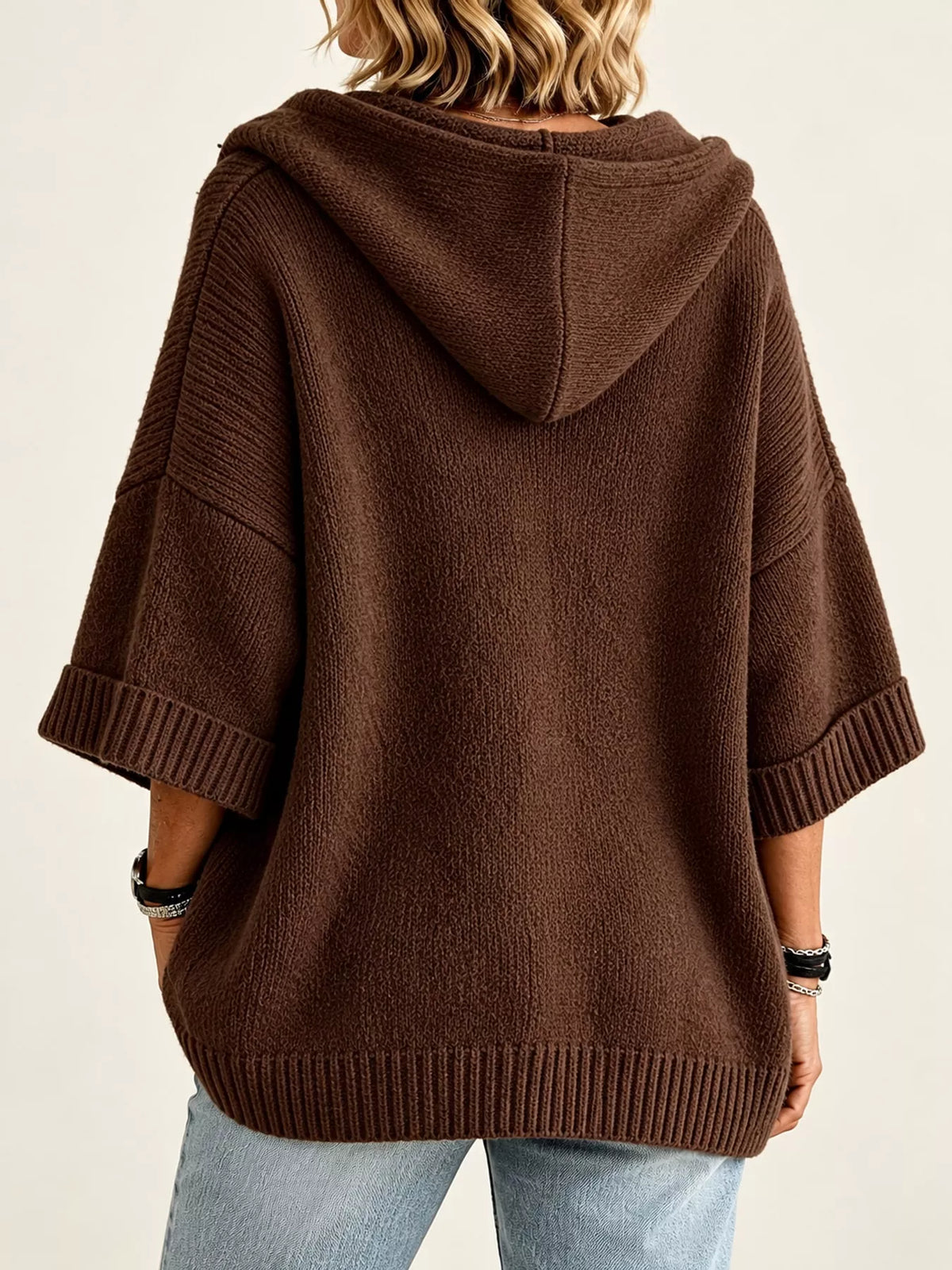 full size hooded open-front knit cardigan plus | dropsona - neutral - material texture