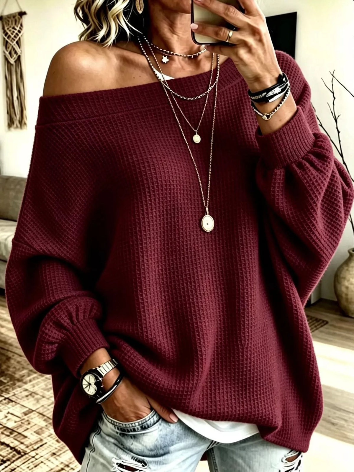 full size waffle knit boat neck sweatshirt plus | dropsona - neutral - material texture