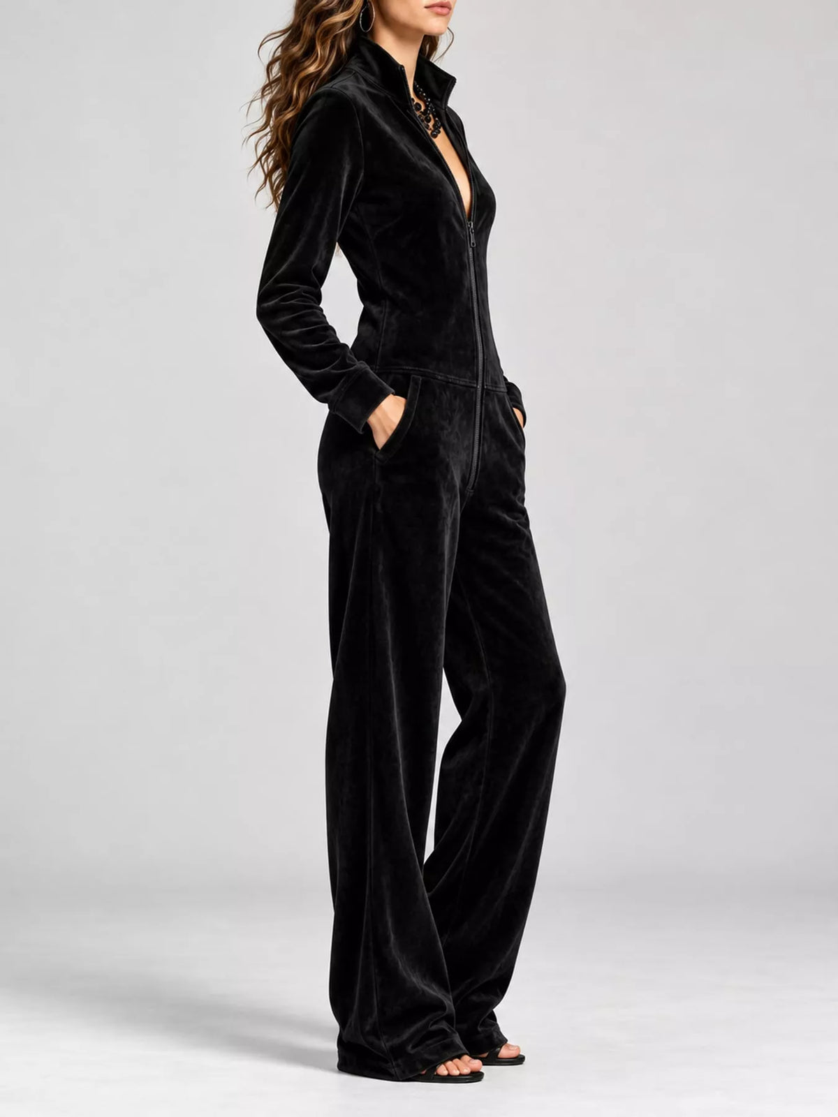 full size chic velour zip-up jumpsuit with pockets | dropsona - neutral - front view
