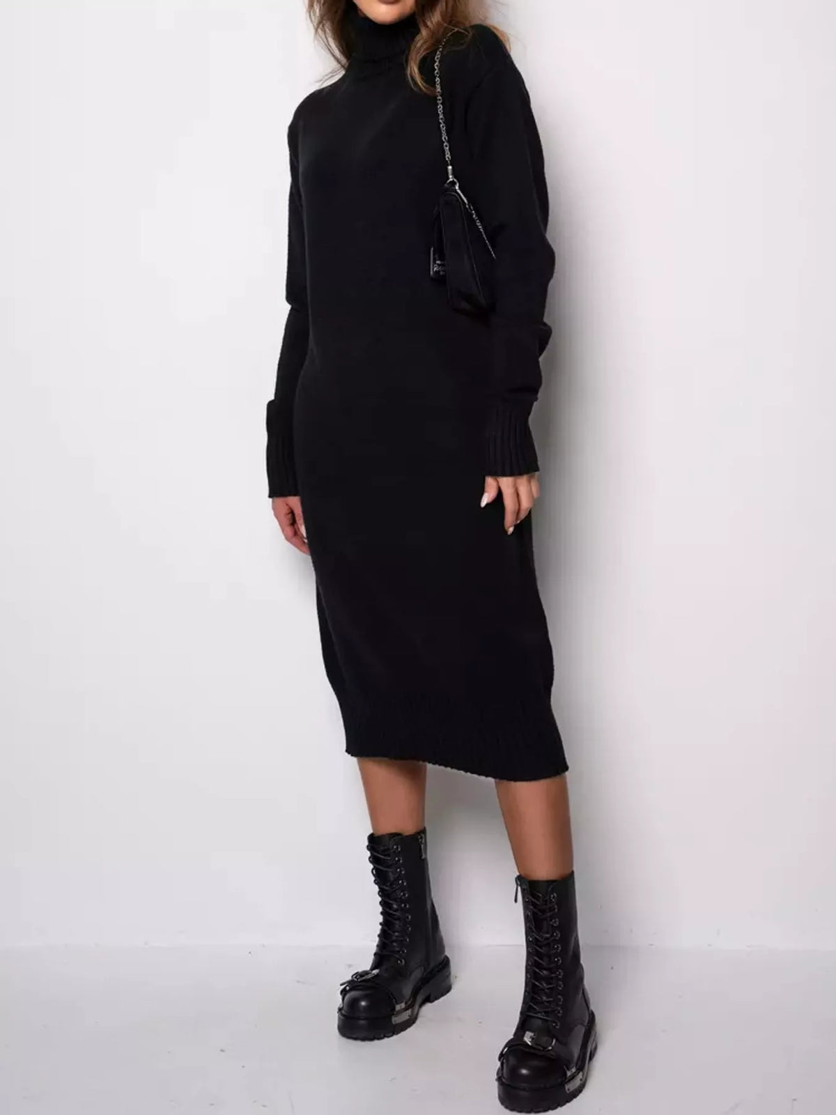 turtleneck ribbed knit sweater dress | dropsona - neutral - size reference