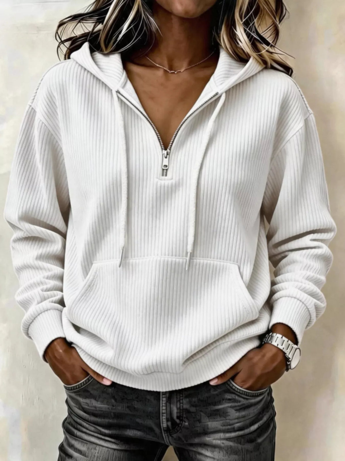 ribbed knit quarter-zip hoodie | dropsona - neutral - material texture