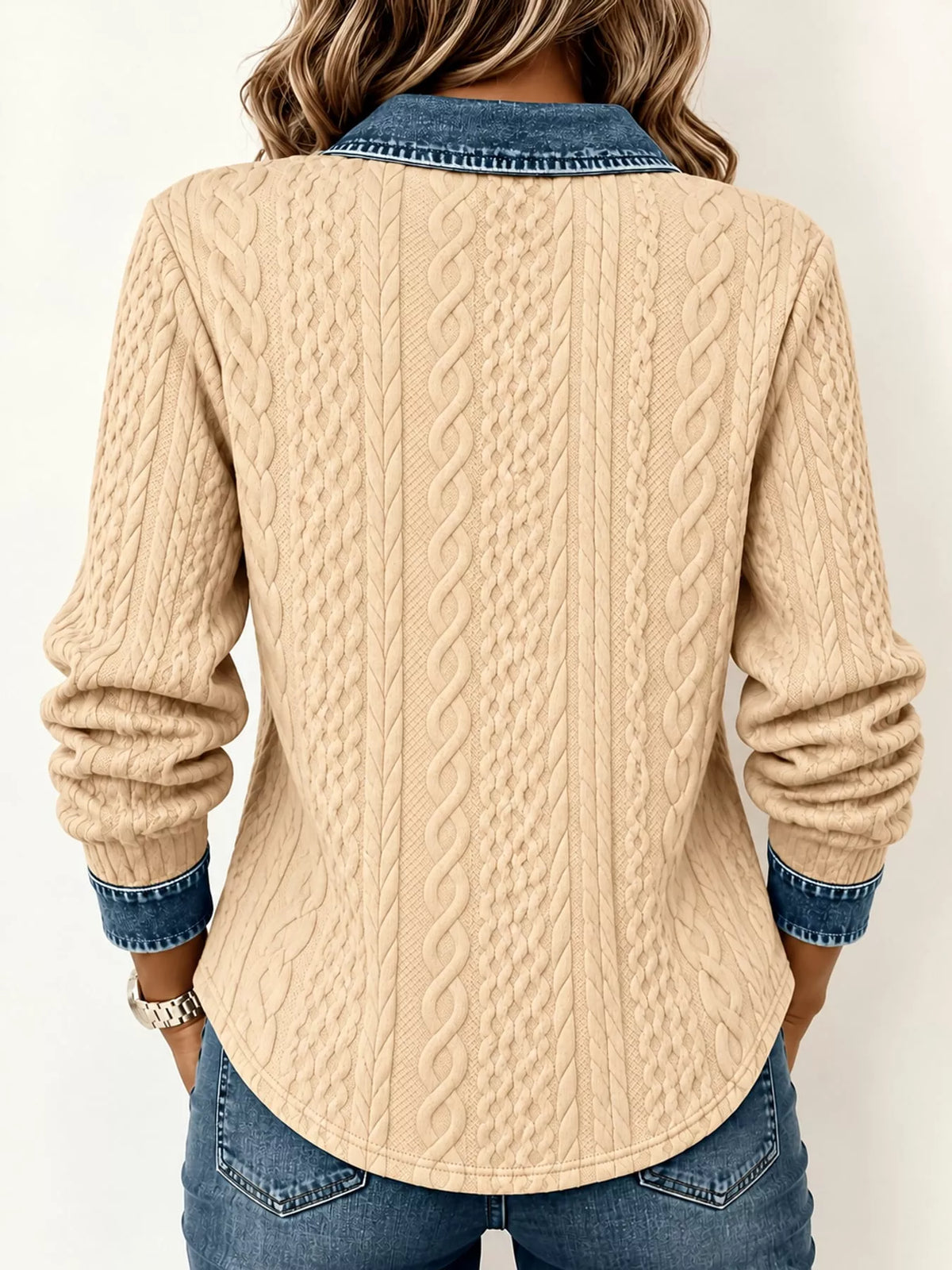 full size contrast denim trim textured button-down | dropsona - neutral - material texture
