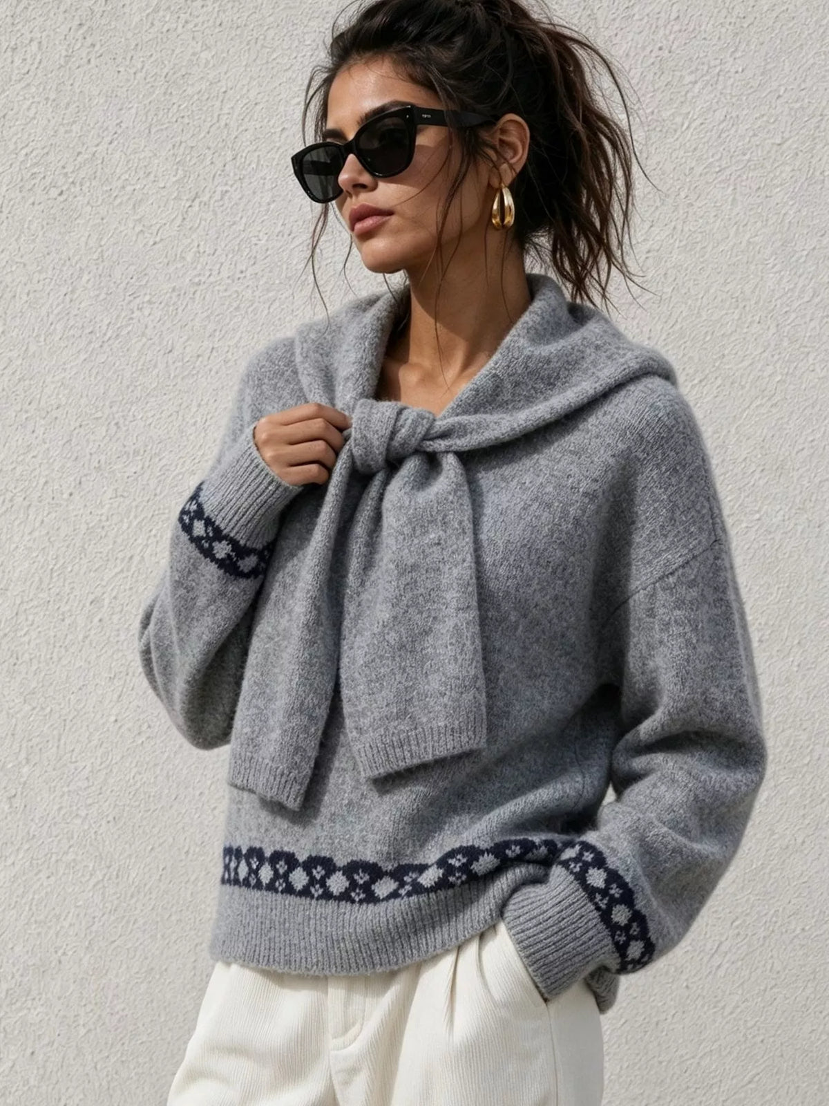 scarf detail dropped shoulder sweater – basic style | dropsona - neutral - front view