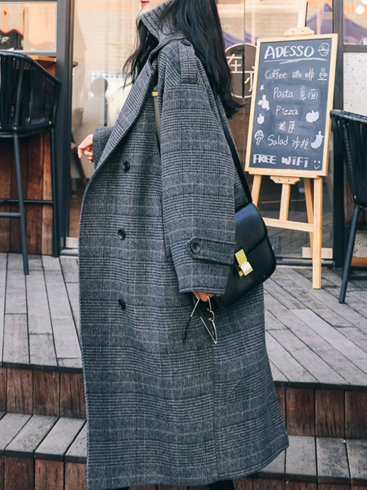 plaid double-breasted longline overcoat | dropsona - neutral - close-up detail