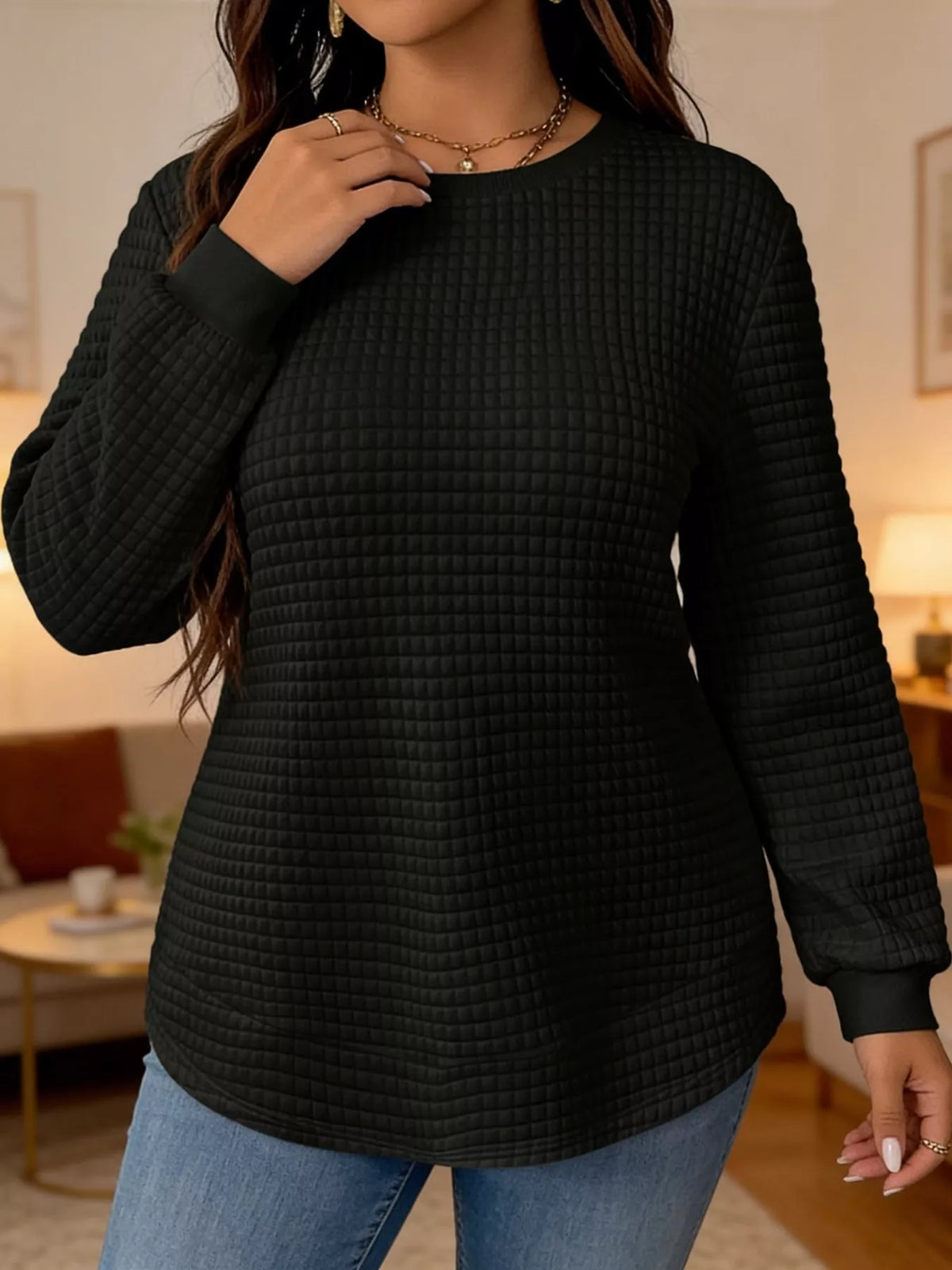 plus size textured waffle knit crew neck sweatshirt | dropsona - neutral - close-up detail