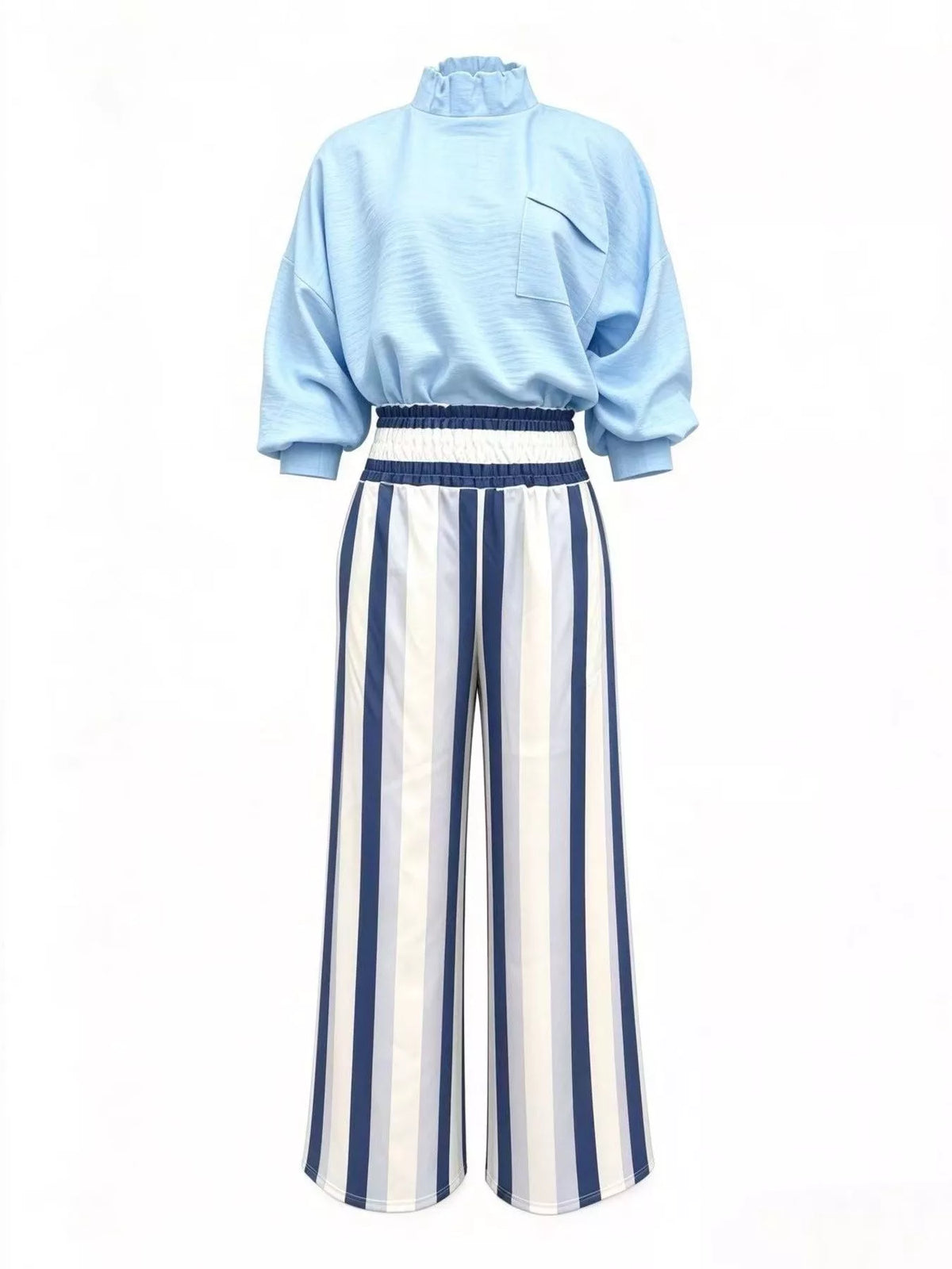 full size mock-neck blouse and striped wide-leg | dropsona - neutral - close-up detail