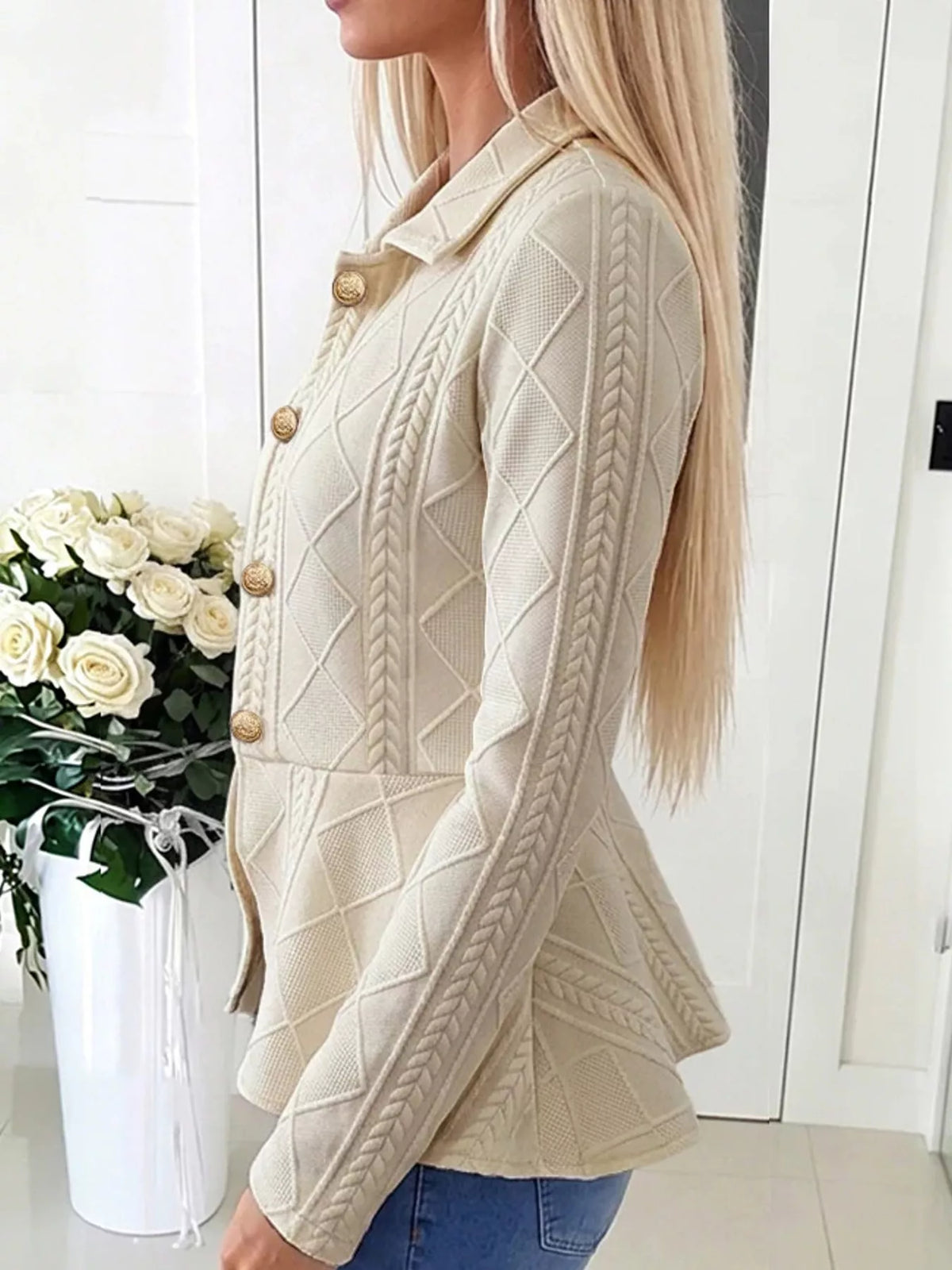 cable-knit button up cardigan | dropsona polyester 100% - neutral - material texture