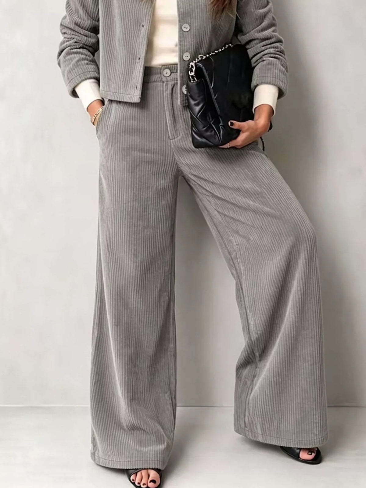 full size corduroy button-down jacket and wide-leg | dropsona - neutral - usage example