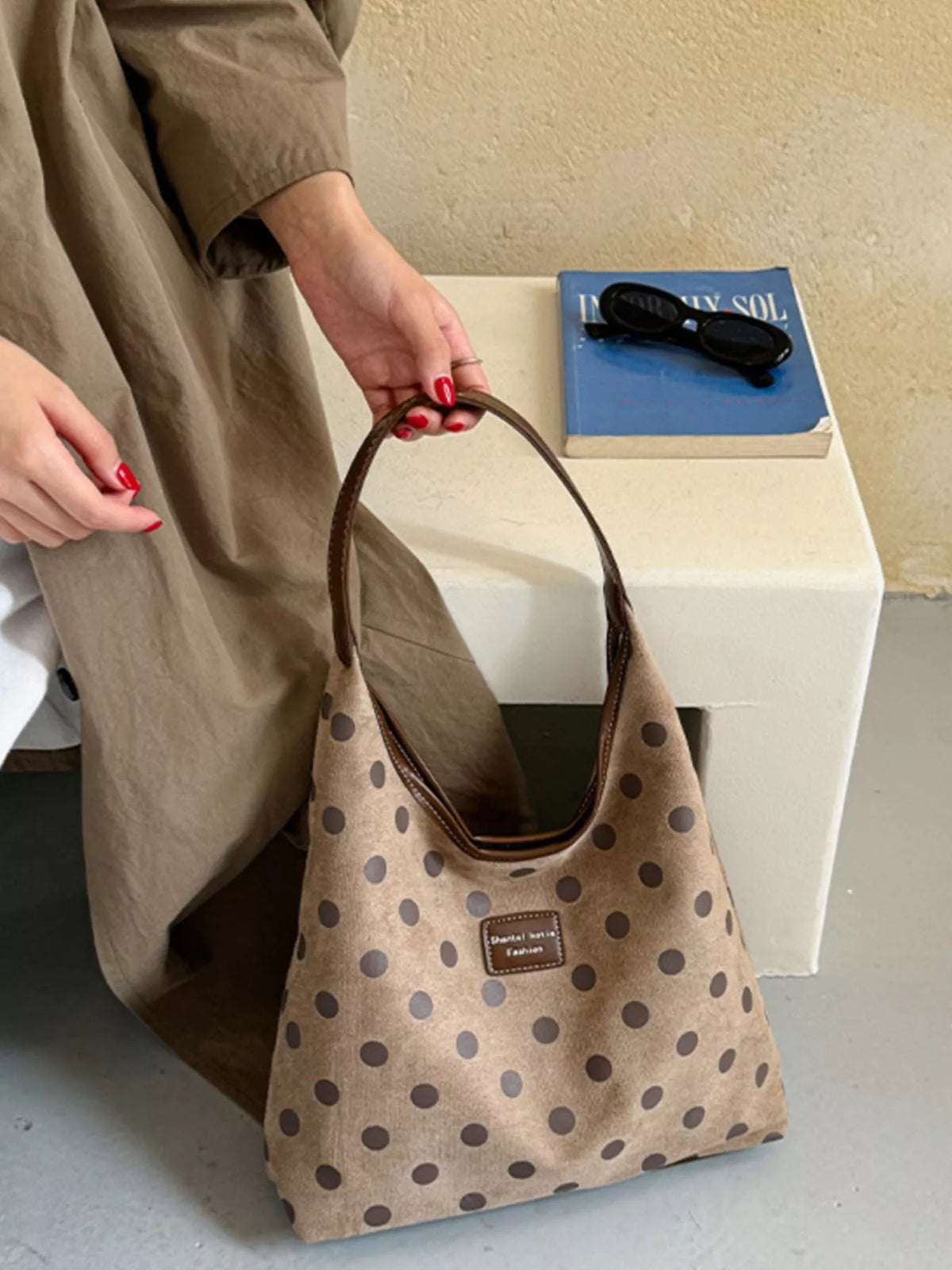 vintage polka dot suede shoulder bag – stylish sling | dropsona - neutral - material texture
