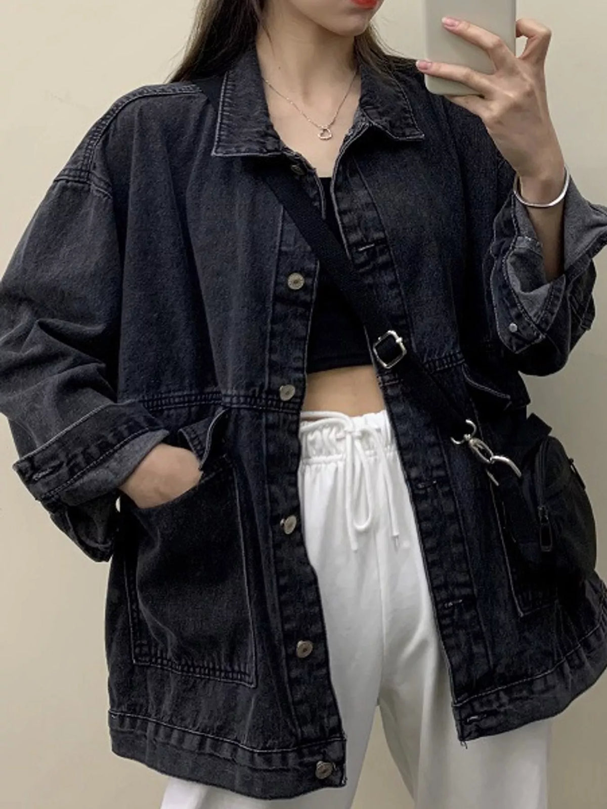 oversized wash denim jacket with utility pockets | dropsona - neutral - material texture