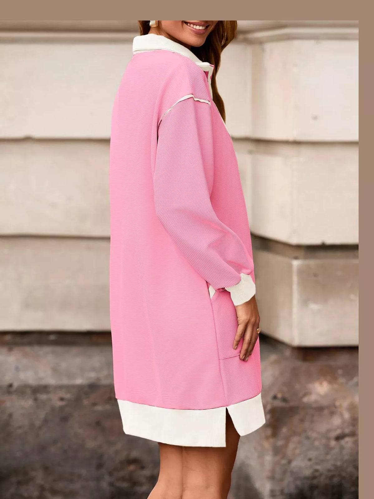 color block quarter-zip sweatshirt dress | dropsona - neutral - front view