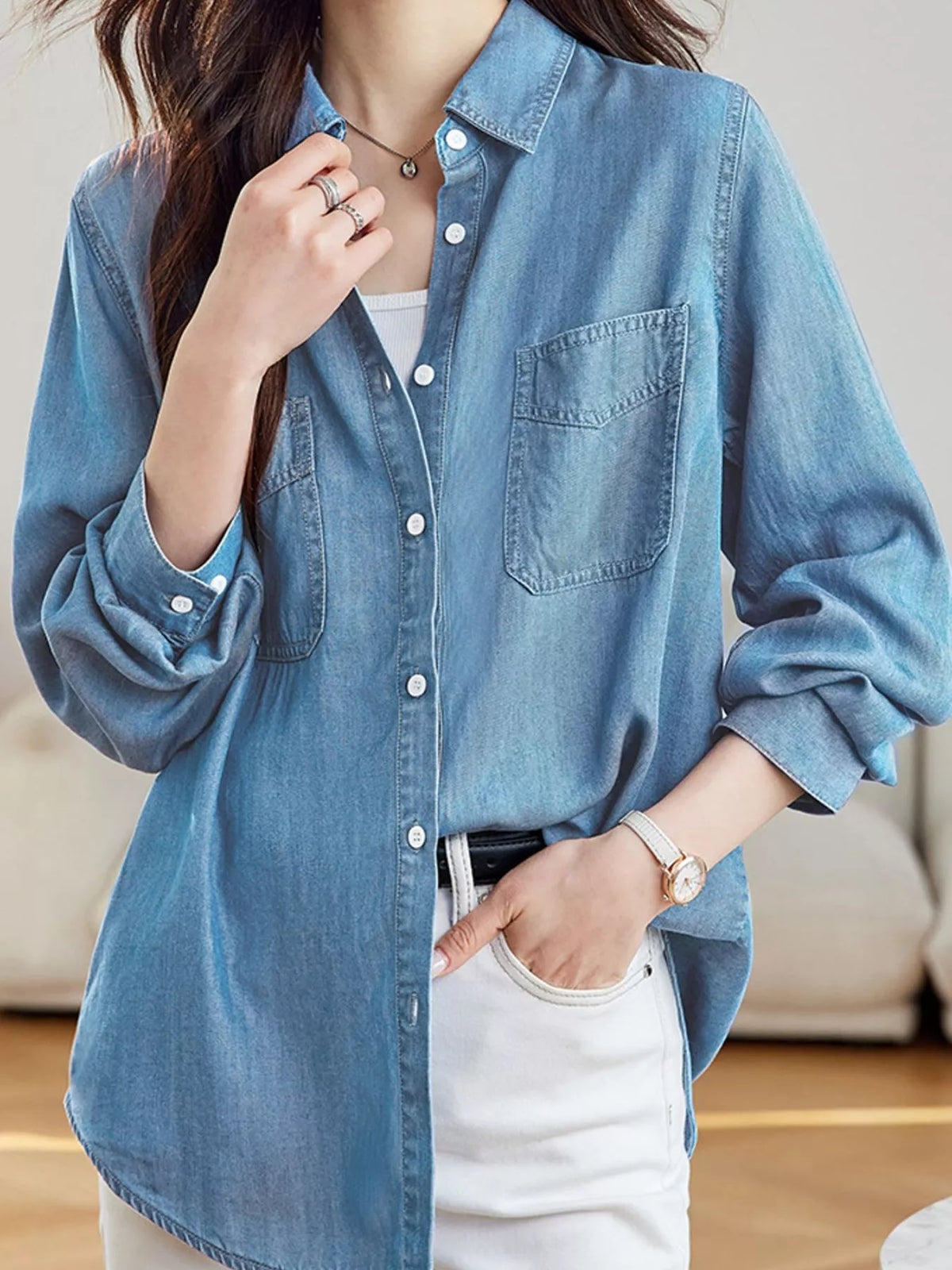 button-down denim shirt with dual chest pockets | dropsona - neutral - usage example