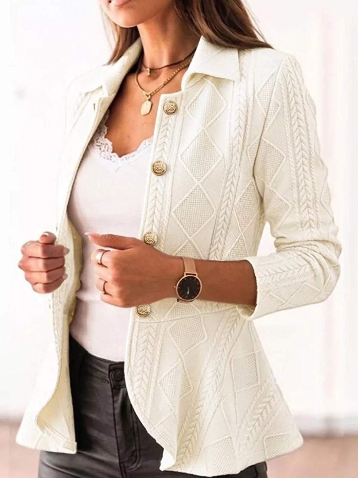 cable-knit button up cardigan | dropsona polyester 100% - neutral - usage example