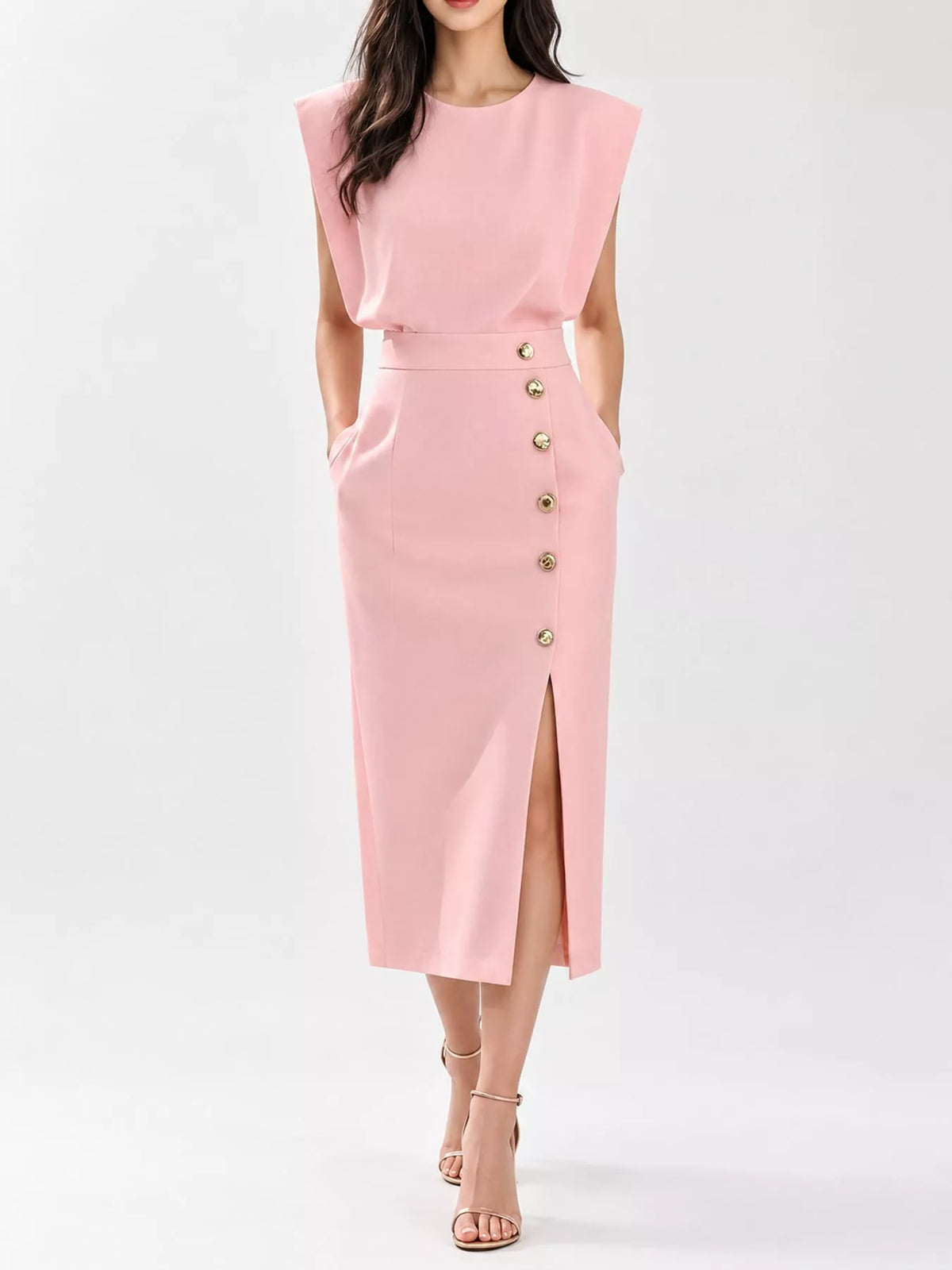 sleeveless midi dress with gold button detail and | dropsona - neutral - size reference