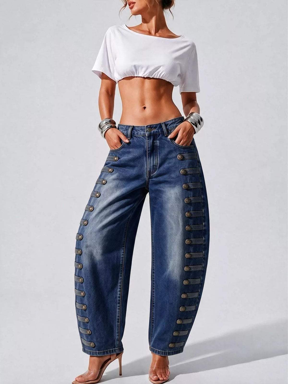 decorative button wide leg jeans – buttoned,pocketed | dropsona - neutral - usage example