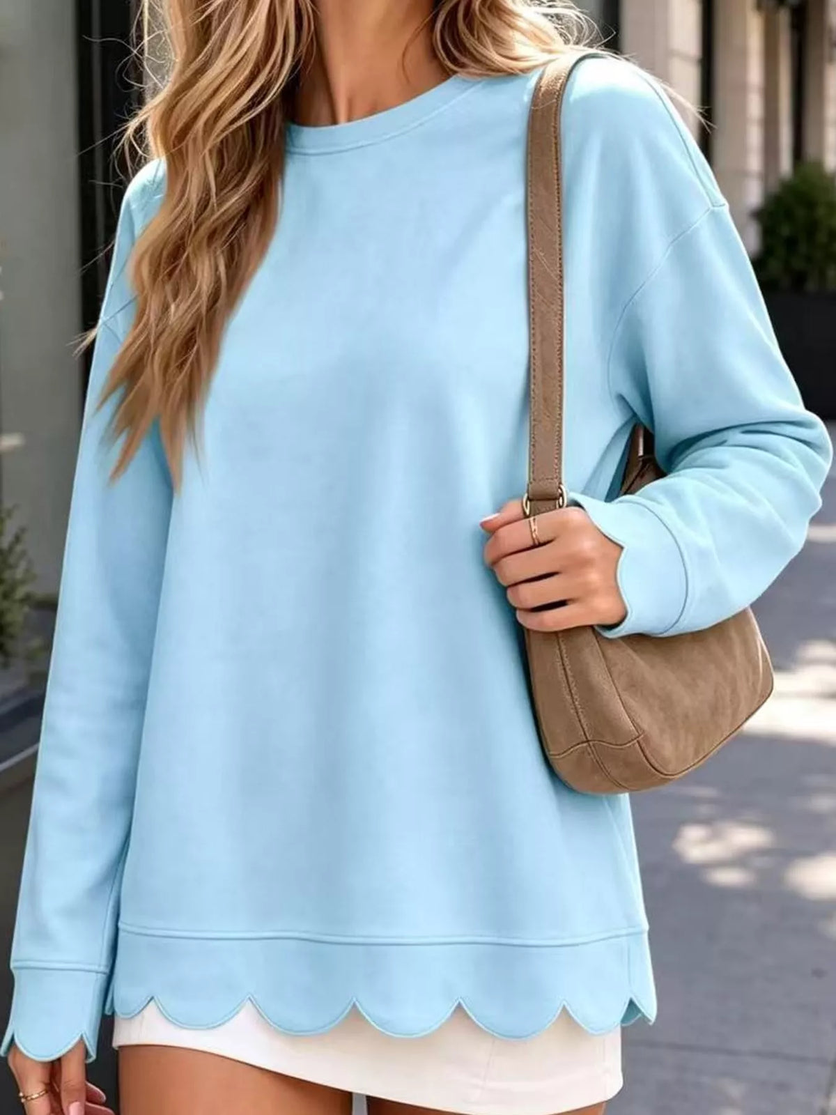 full size casual scalloped hem crewneck sweatshirt | dropsona - neutral - close-up detail