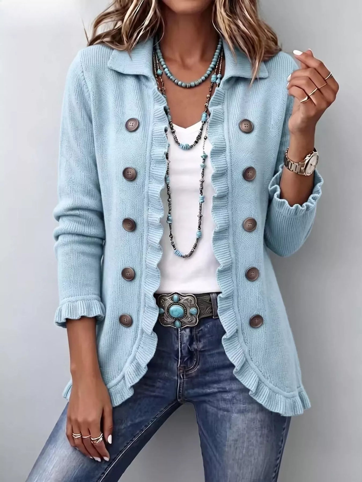 full size ruffled trim decorative button cardigan | dropsona - neutral - size reference