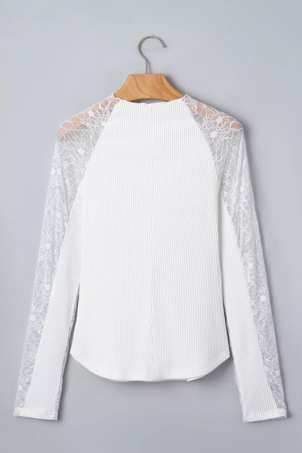 sheer lace long sleeve ribbed slim top – lace,ribbed | dropsona - neutral - size reference