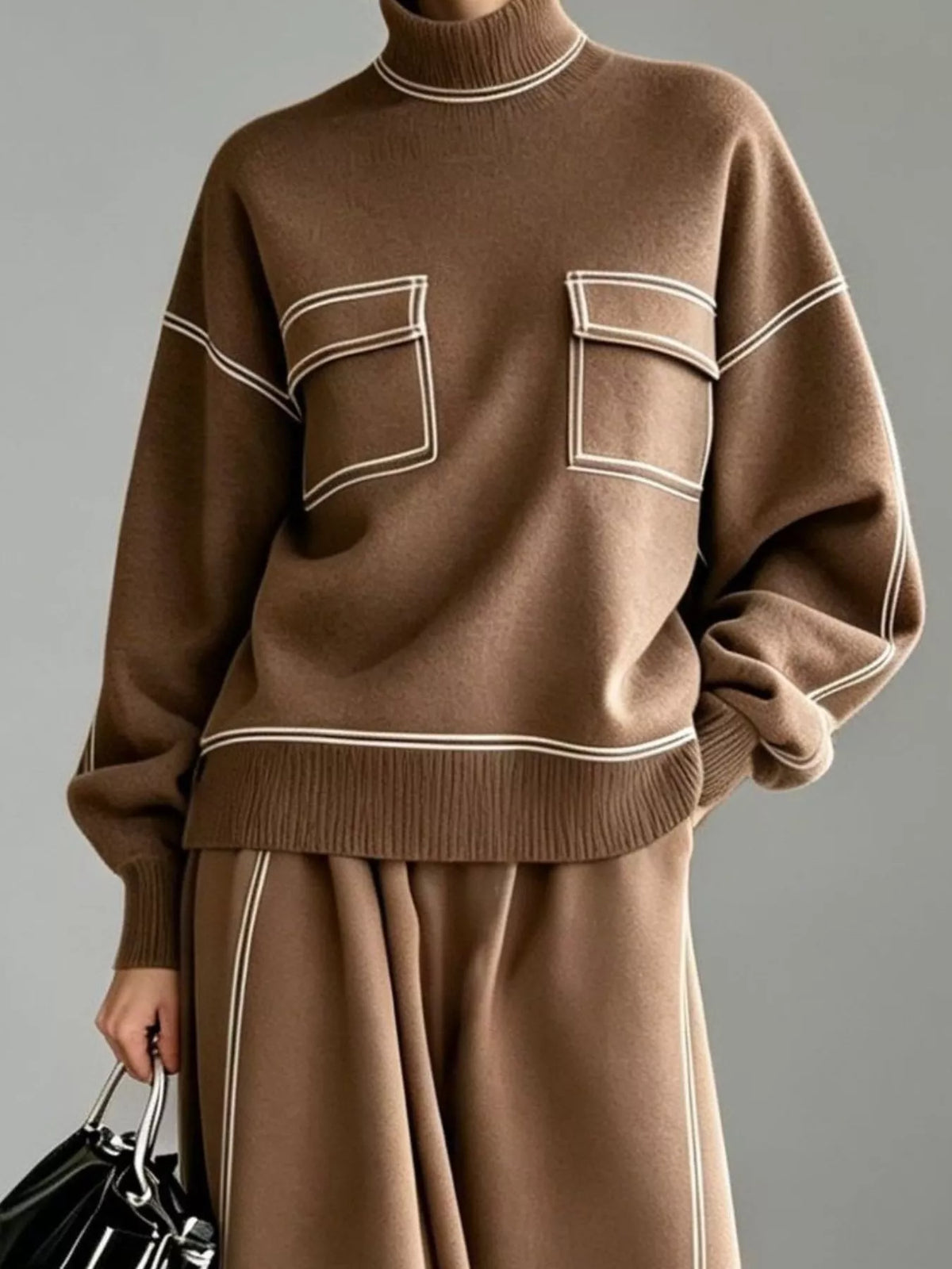 turtleneck knit top and midi skirt set | dropsona - neutral - close-up detail