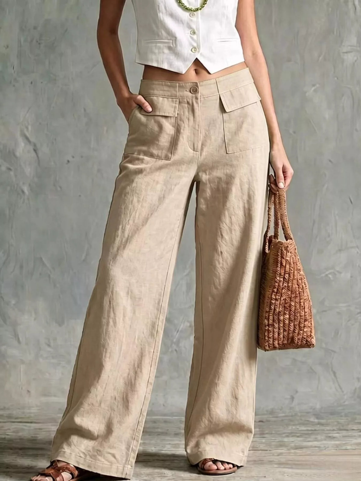 full size high-waisted wide-leg cargo pants plus | dropsona - neutral - packaging