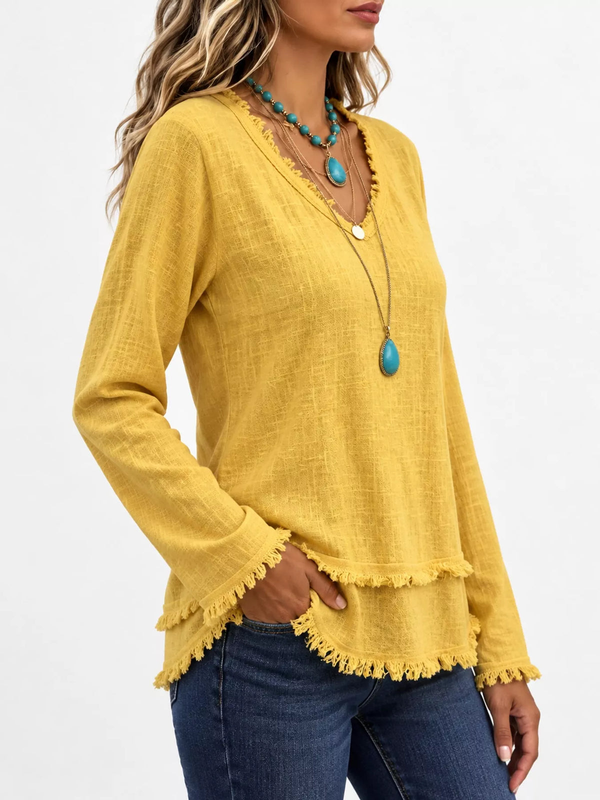 full size frayed hem v-neck blouse plus | dropsona - neutral - packaging